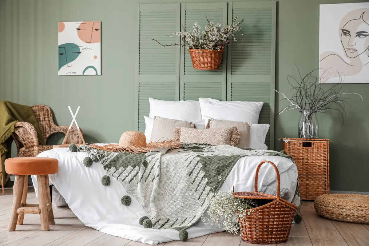 Łóżko z narzutą oraz poduszkami w kolorach ziemi. Obok łóżka stoi wiklinowy fotel oraz wiklinowe kosze. Ściana za łóżkiem zielona.