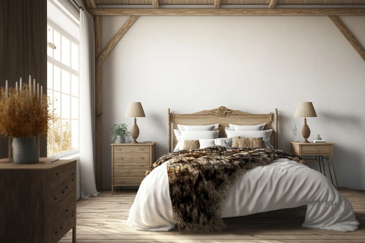Meble w sypialni wykonane z drewna. Łóżko drewniane z pościelą, poduszkami oraz narzutą.