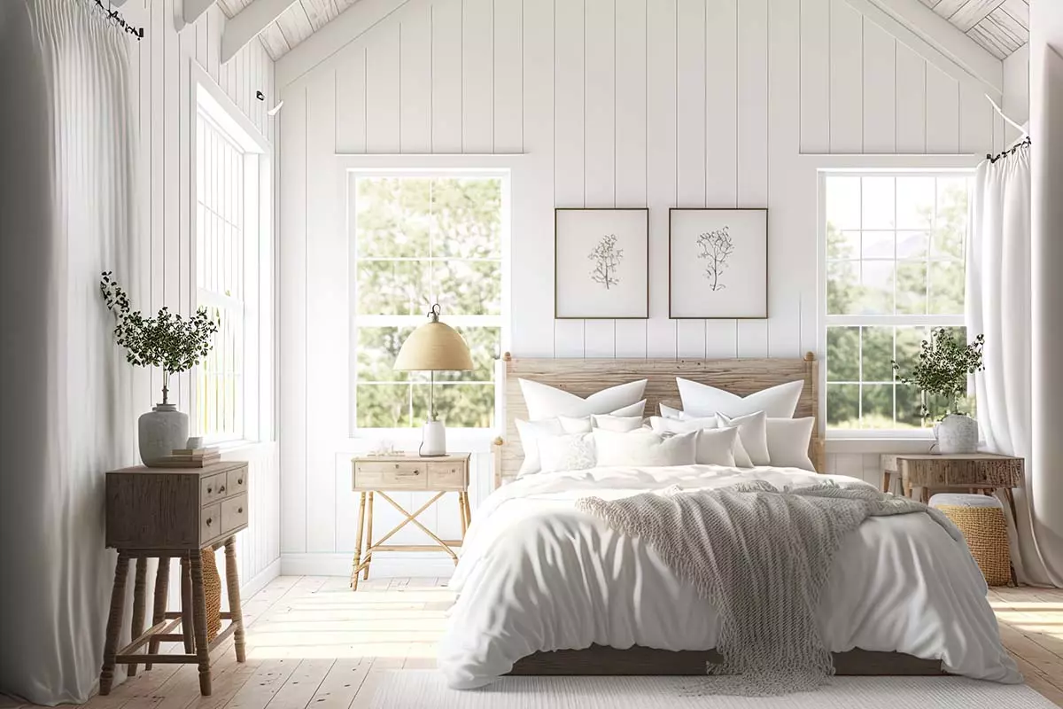 Jasna, duża sypialnia z drewnianym łóżkiem. Duże okna dają światło pomieszczeniu. Koło łóżka stoją drewniane stoliki z dekoracjami lub lampami.
