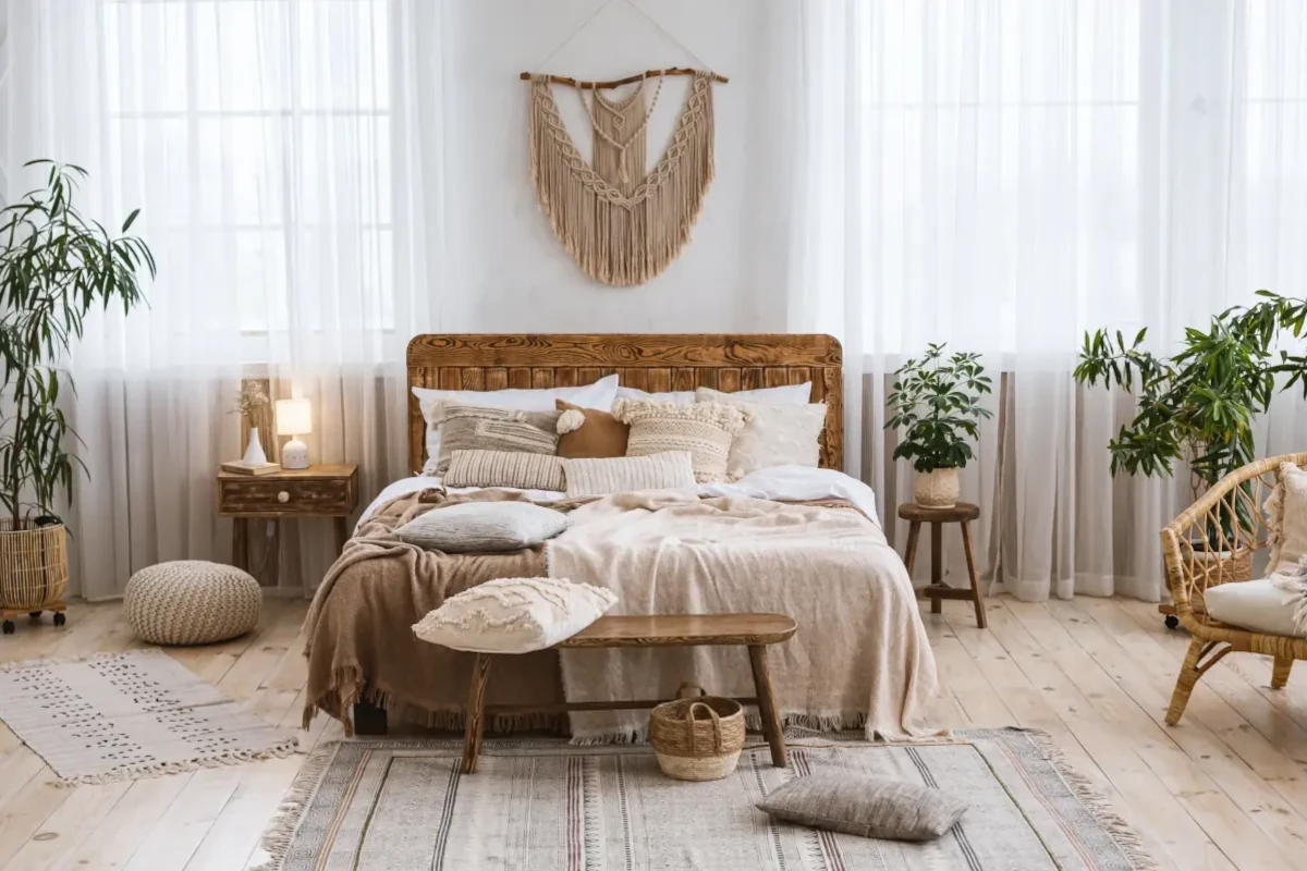Łóżko w sypialni z poduszkami oraz narzutami w kolorze ziemi. Obok łóżka dekoracje w stylu boho.