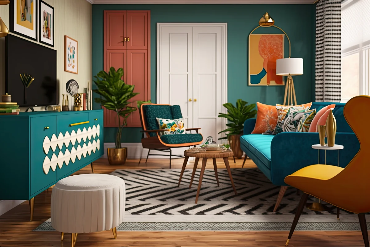 Kanapa, fotel oraz szafka rtv w kolorze zieleni. Ściana również pomalowana na taki kolor. Na podłodze dywan we wzory. Żółty fotel stojący obok kanapa. Na ścianach zawieszono obrazy.
