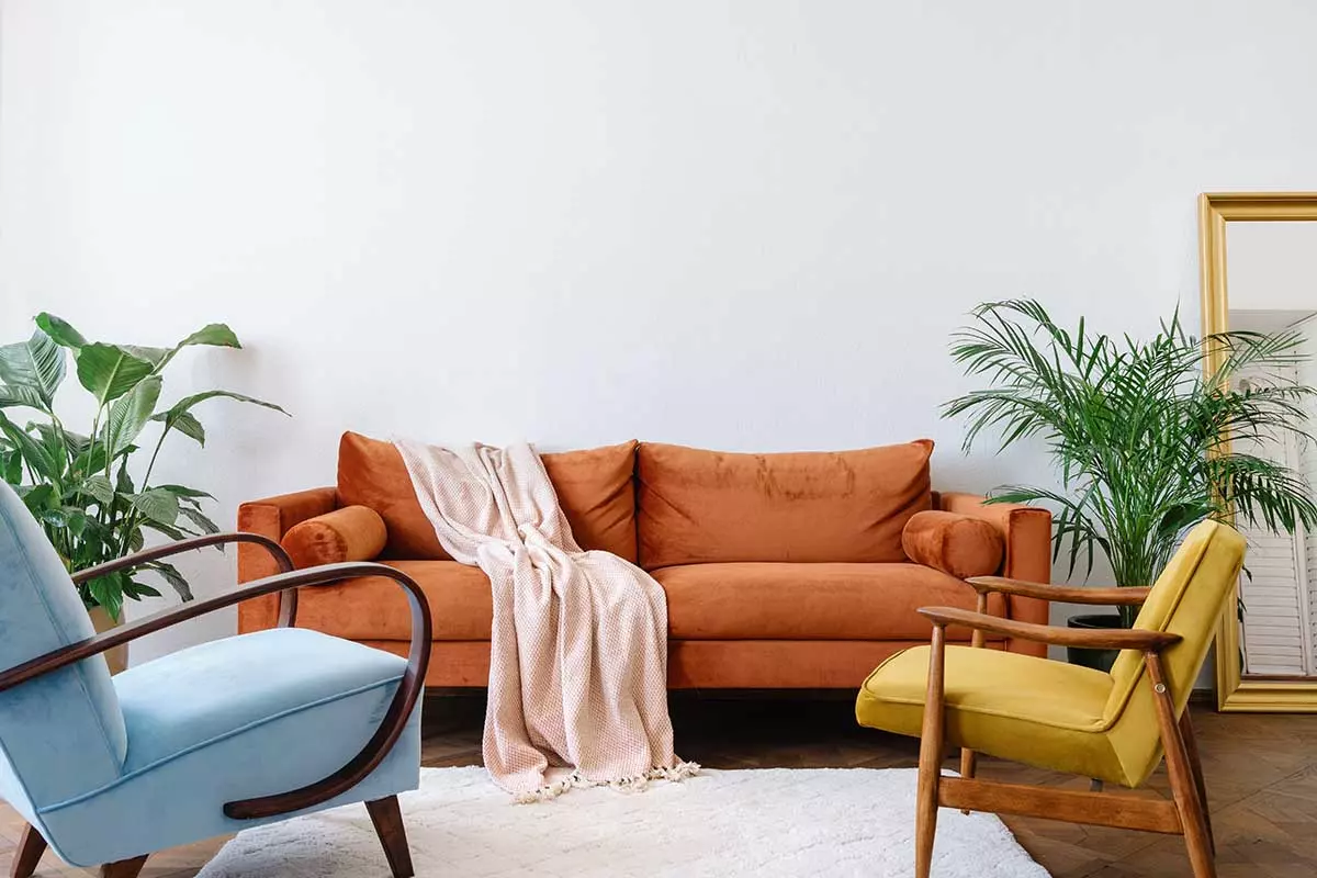 Dwa fotele: żółty oraz błękitny obok kanapa w kolorze pomarańczowym na tle jasnej ściany. Wszystko uzupełniają donice z roślinami.