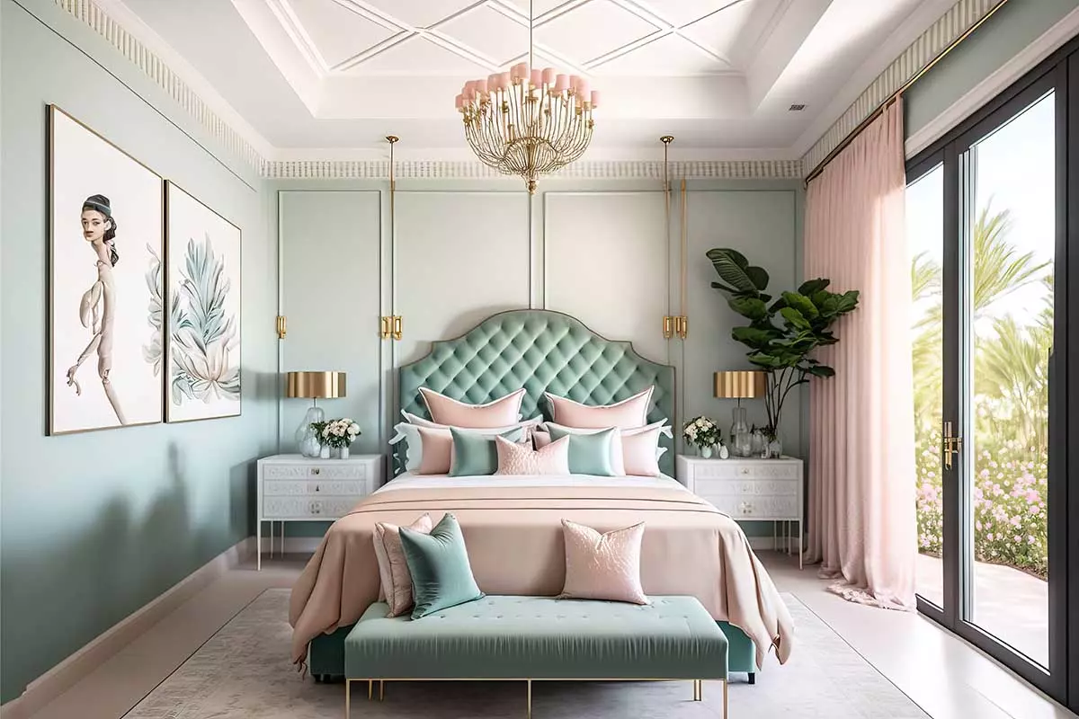 Duże łóżko w sypialni z poduszkami w kolorze zielony oraz różowym. Ściany w kolorze zielonym, zasłony w kolorze różu. Stoliki obok łóżka z dekoracjami. Obraz na ścianach.