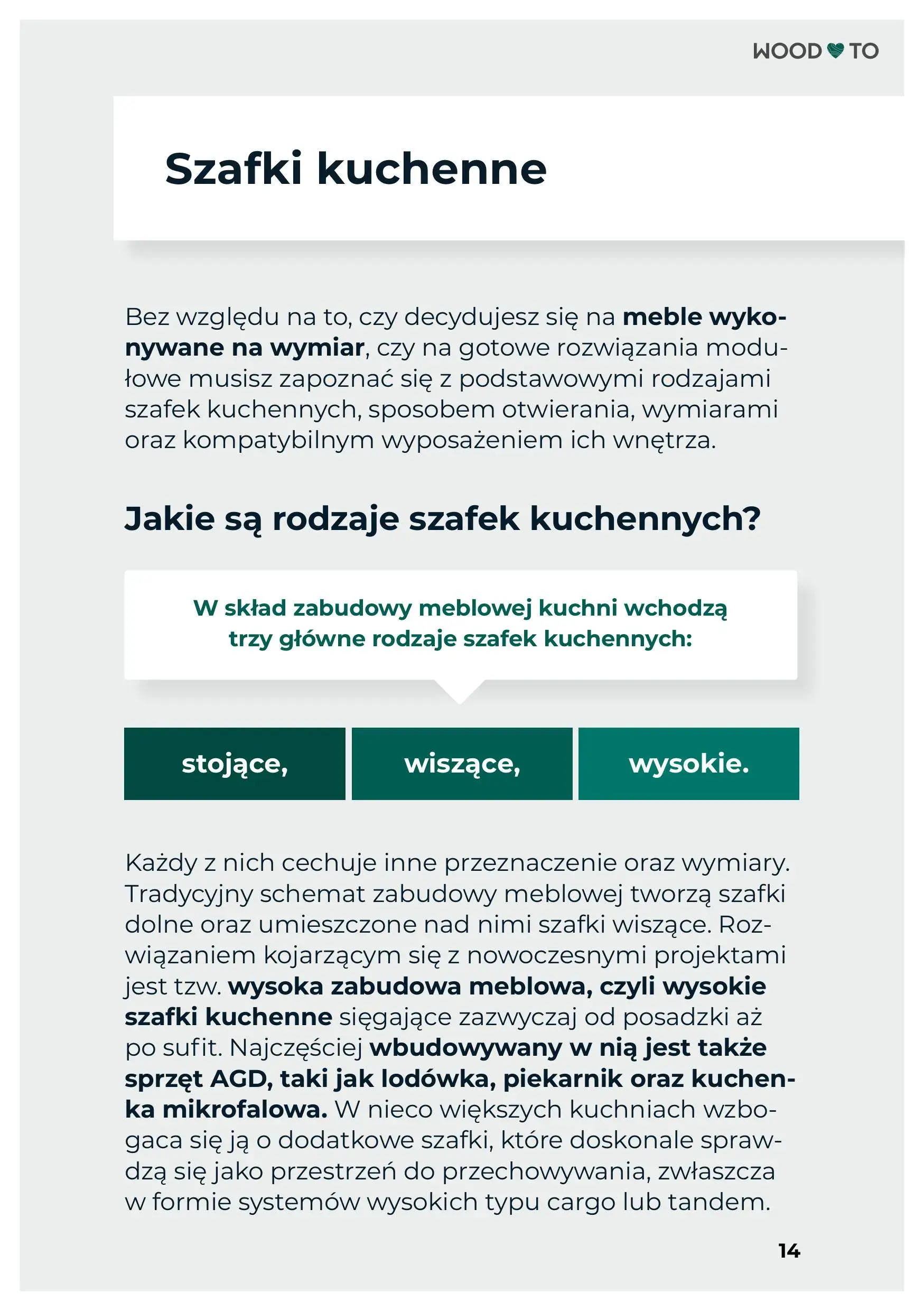 Screen z fragmentem e-booka dotyczącego rodzajów szafek kuchennych.