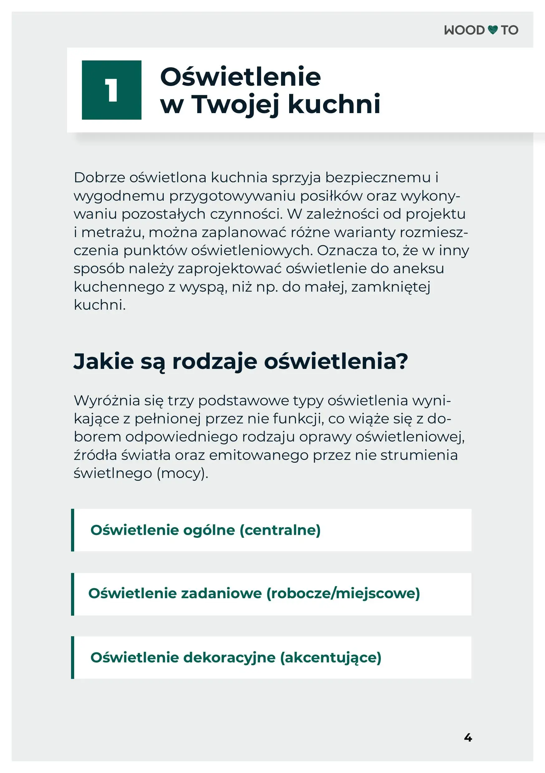Screen z fragmentem e-booka dotyczącego rodzajów oświetlenia: centralne, robocze/miejscowe i akcentujące. 