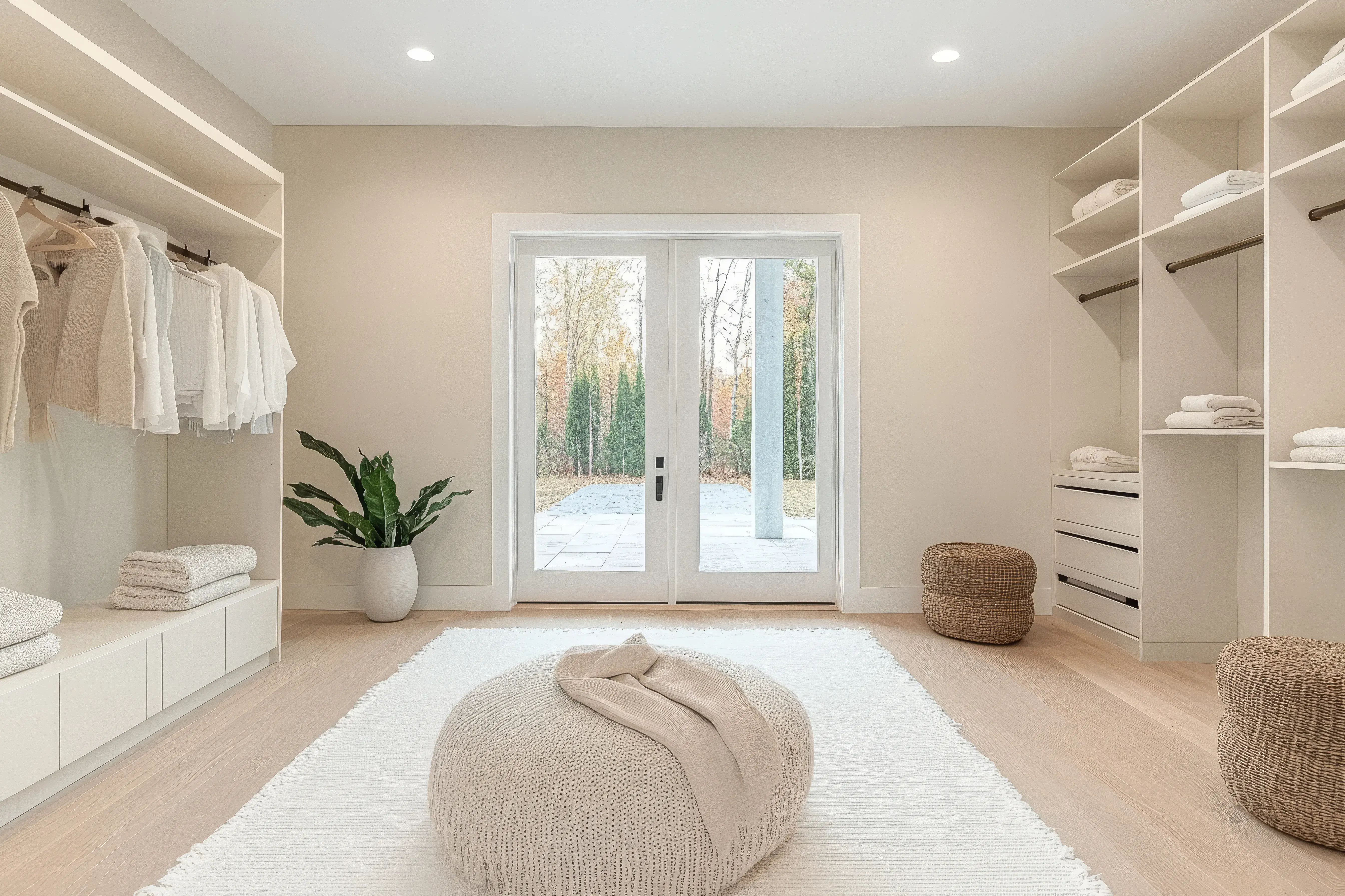 Duża otwarta garderoba w stylu skandynawskim z regałami na ubrania po dwóch stronach pomieszczenia.