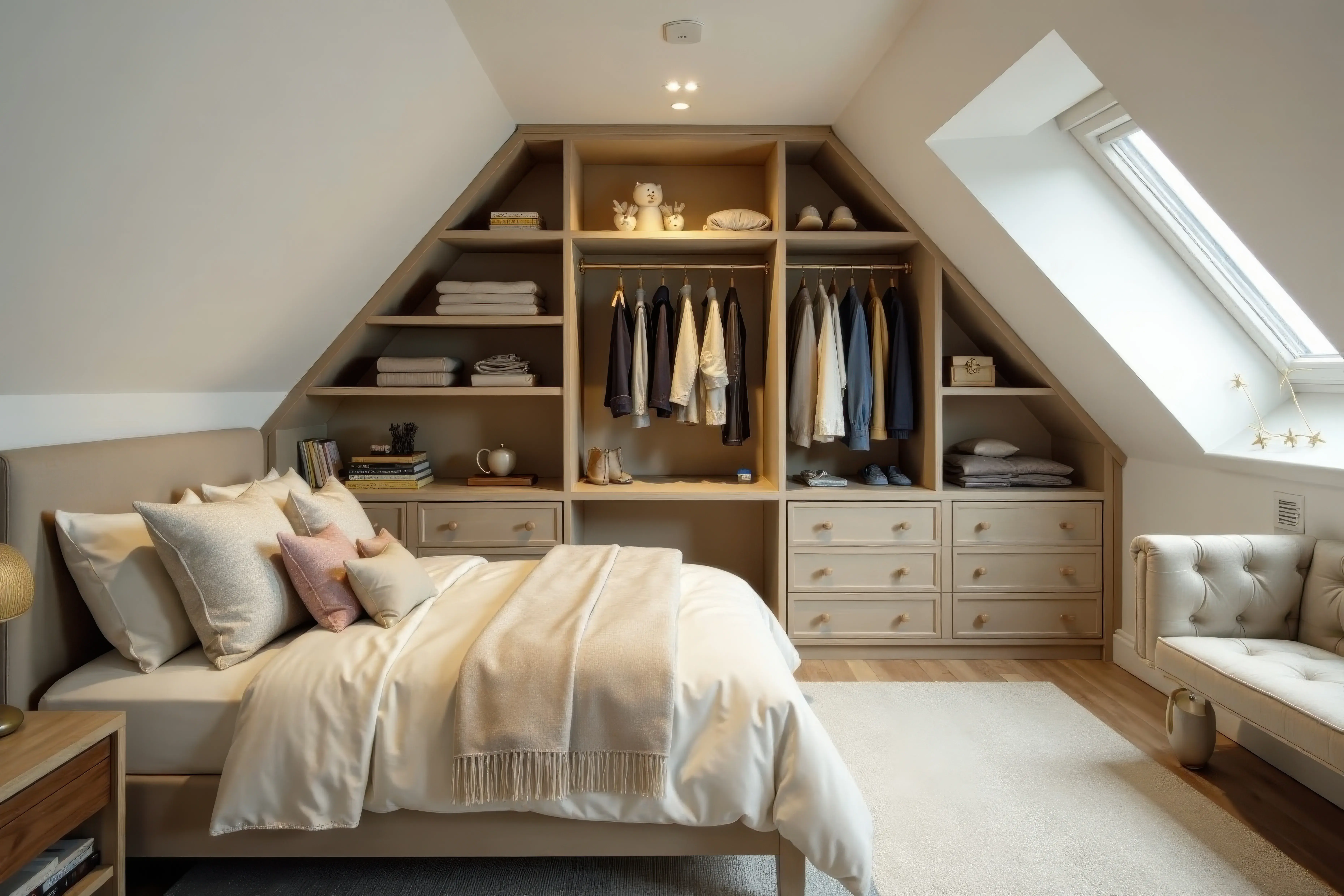 Garderoba w stylu skandynawskim w sypialni na poddaszu z drewnianymi regałami na ubrania w ścianie.