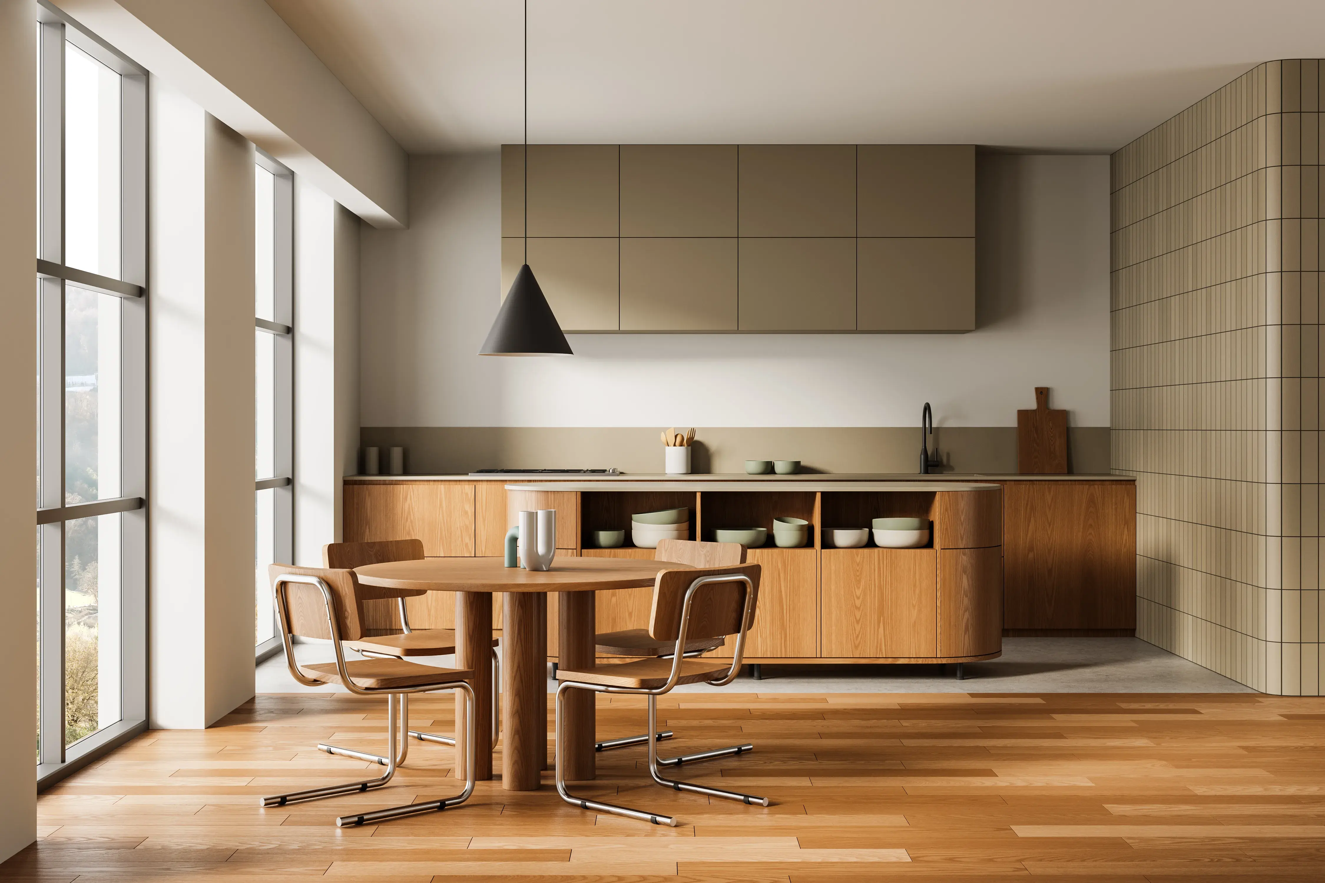 Jadalnia w stylu PRL z białymi ścianami, kuchnią połączoną z jadalnią, w kuchni wyspa oraz szafki dolne i blaty, a w jadalni drewniany okrągły stół z 4 krzesłami.