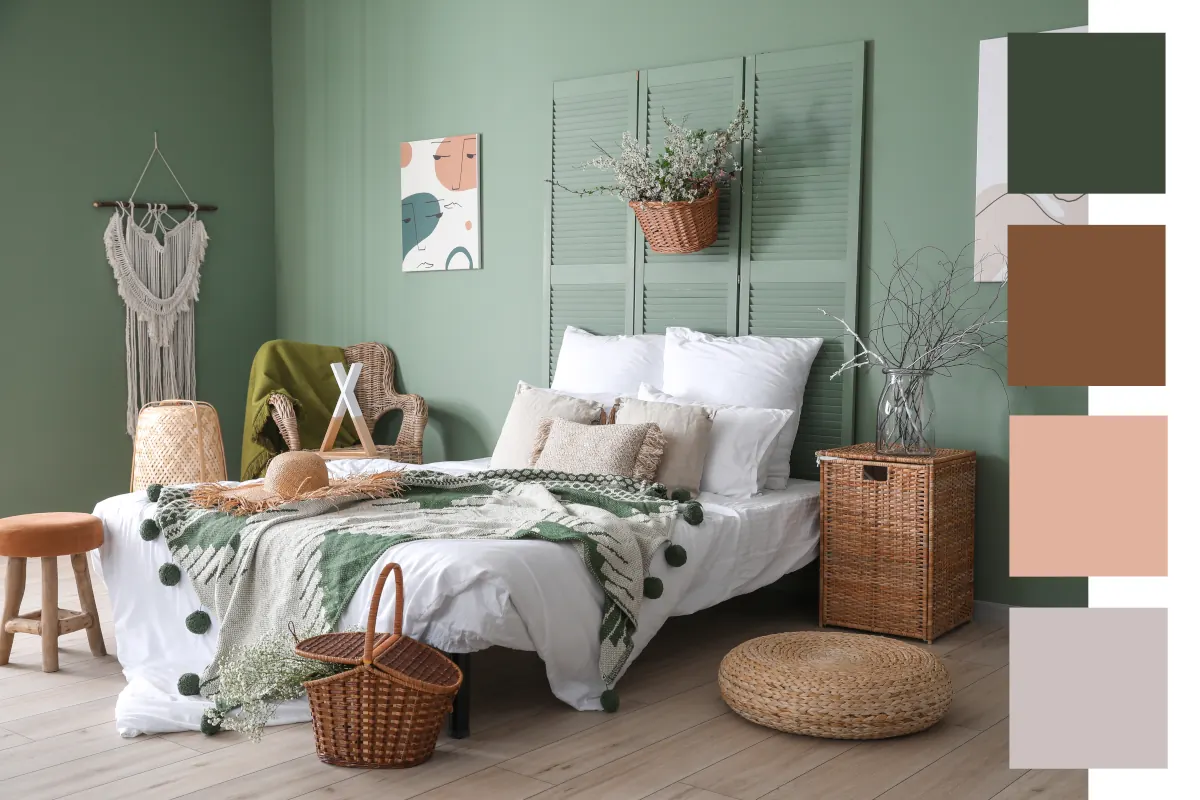 Łóżko w sypialni z poduszkami oraz narzutami. Kolor ściany zielone. Na ścianie wisi obraz oraz makrama.