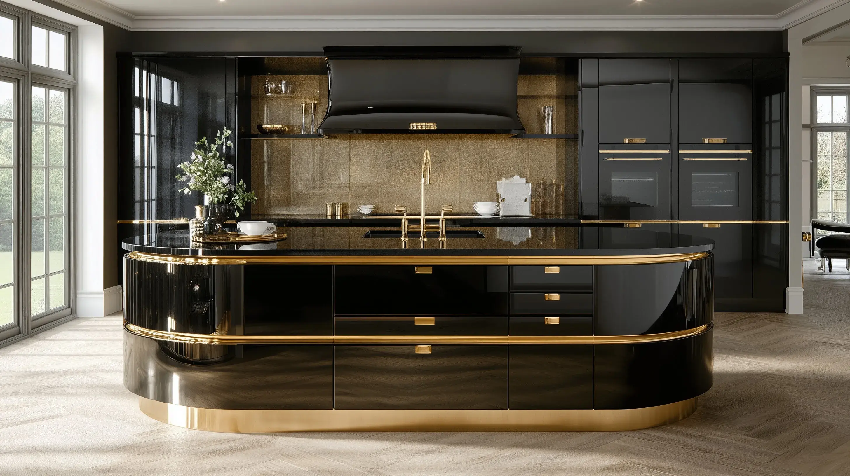 Kuchnia w stylu art nouveau w czarnym kolorze z dużą wyspą i złotymi zdobieniami.