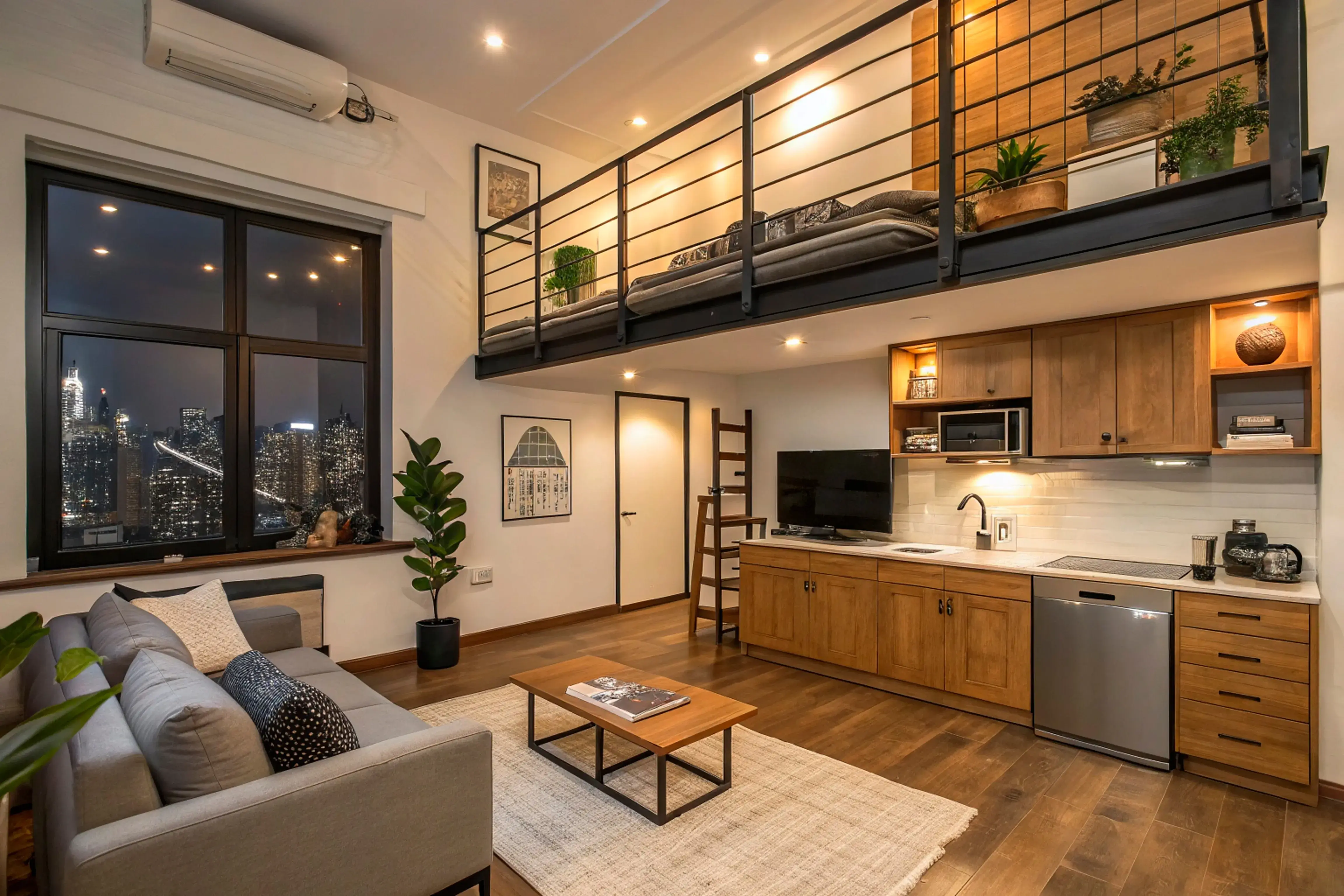 Mieszkanie w stylu boho z antresolą, na której znajduje się łóżko. Kuchnia i salon są połączone, a w kuchni cała zabudowa jest wykonana z jasnego drewna. 