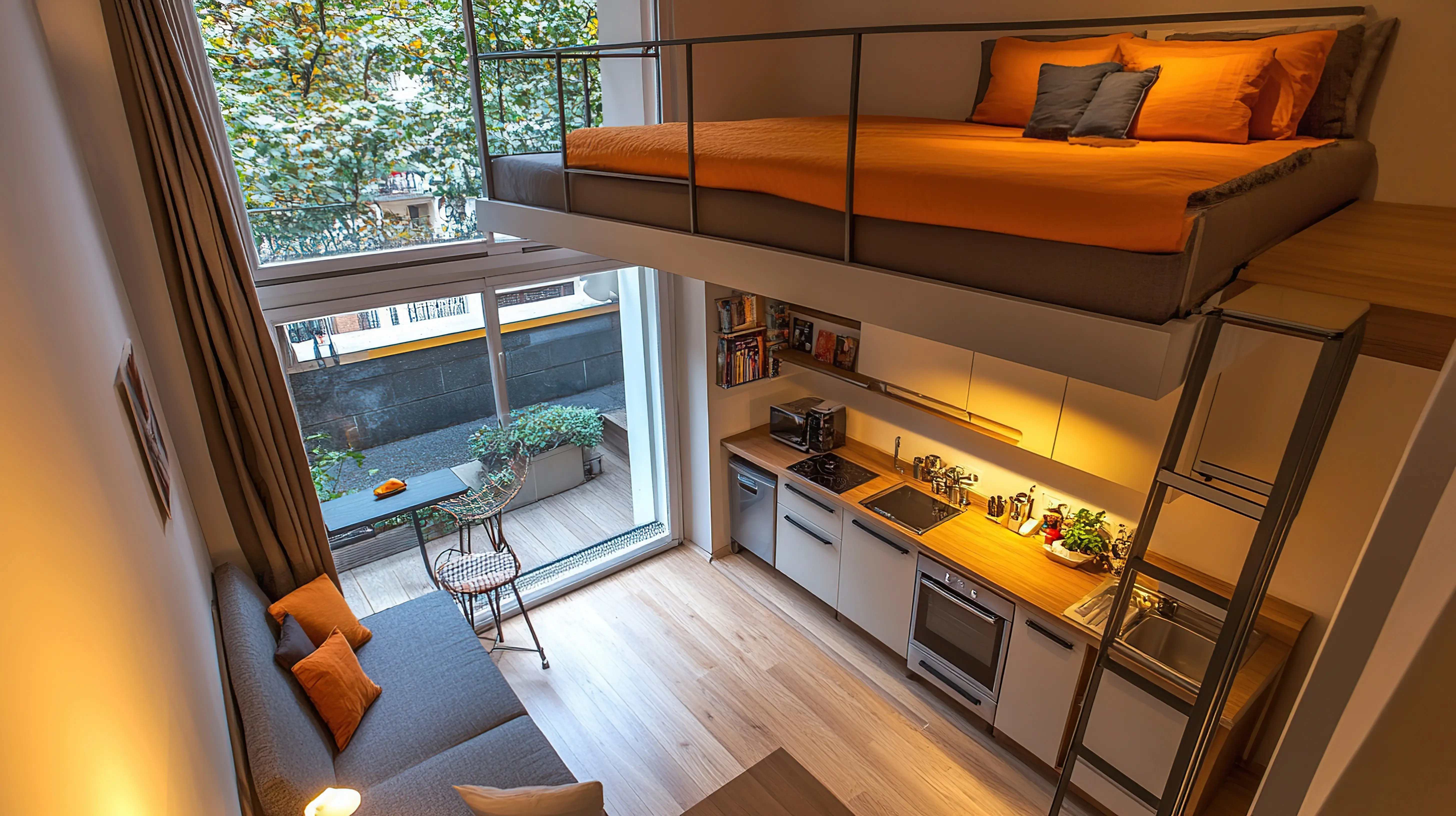 Mieszkanie w stylu nowoczesnym z antresolą, na której jest łóżko. Z kuchni połączonej z salonem można wyjść na taras. 