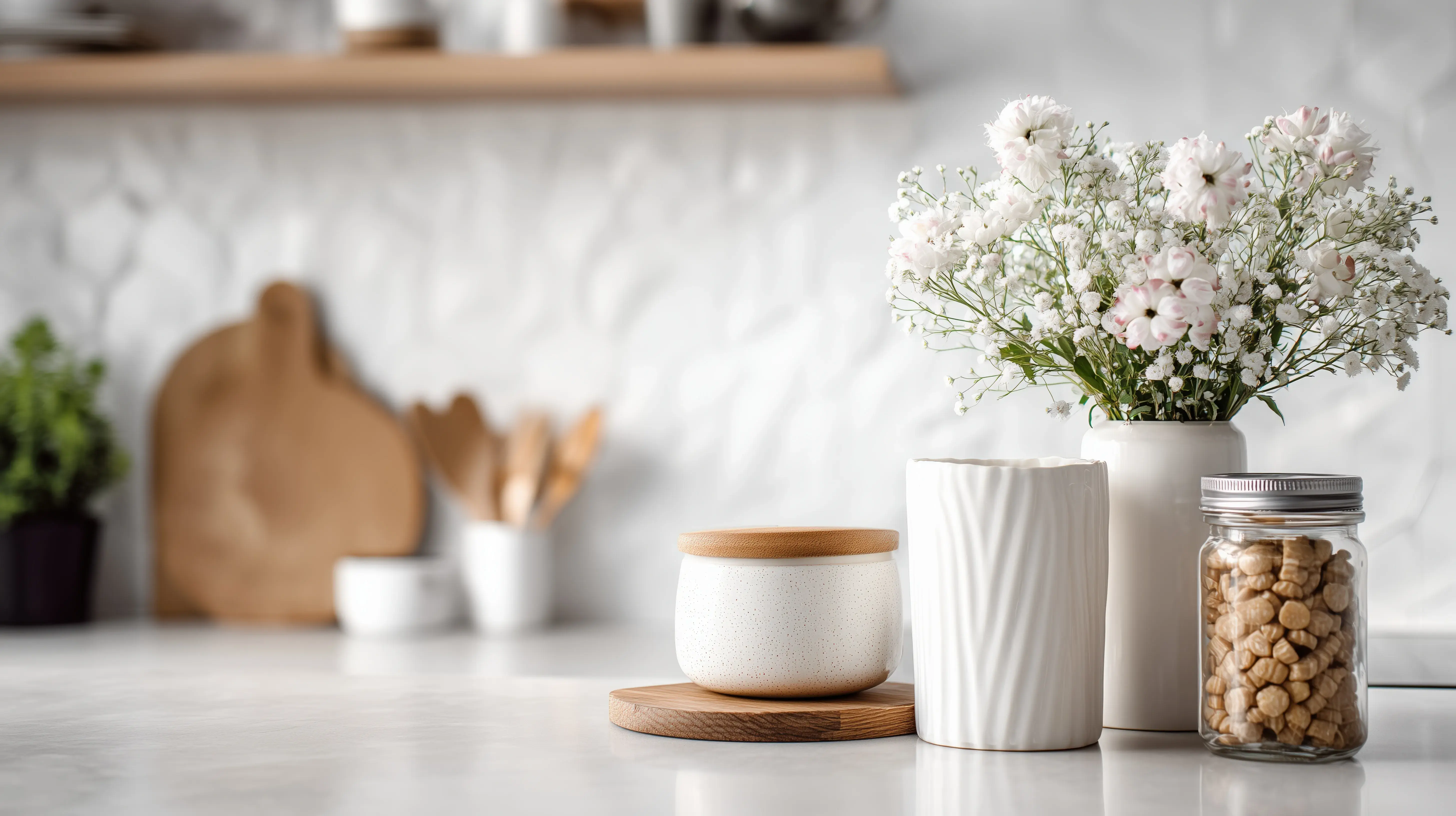 Kuchnia w stylu skandynawskim w kolorze Pantone 2026 Cloud Dancer ze zbliżeniem na blat, na którym stoją różne dekoracje, słoiki na przyprawy i wazon z kwiatami. 