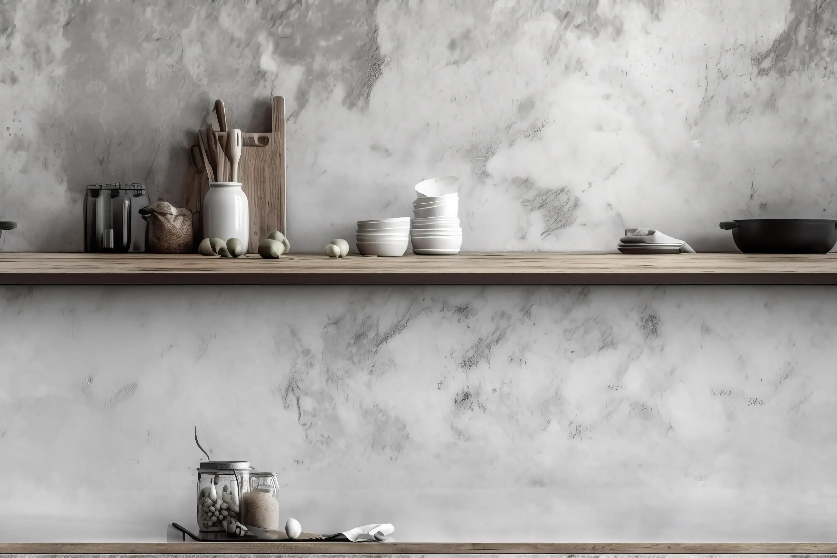 Kuchnia w stylu skandynawskim w kolorze szarym, ze stiukiem weneckim na ścianie i półką, na której stoją miski, słoiki i inne akcesoria kuchenne. 