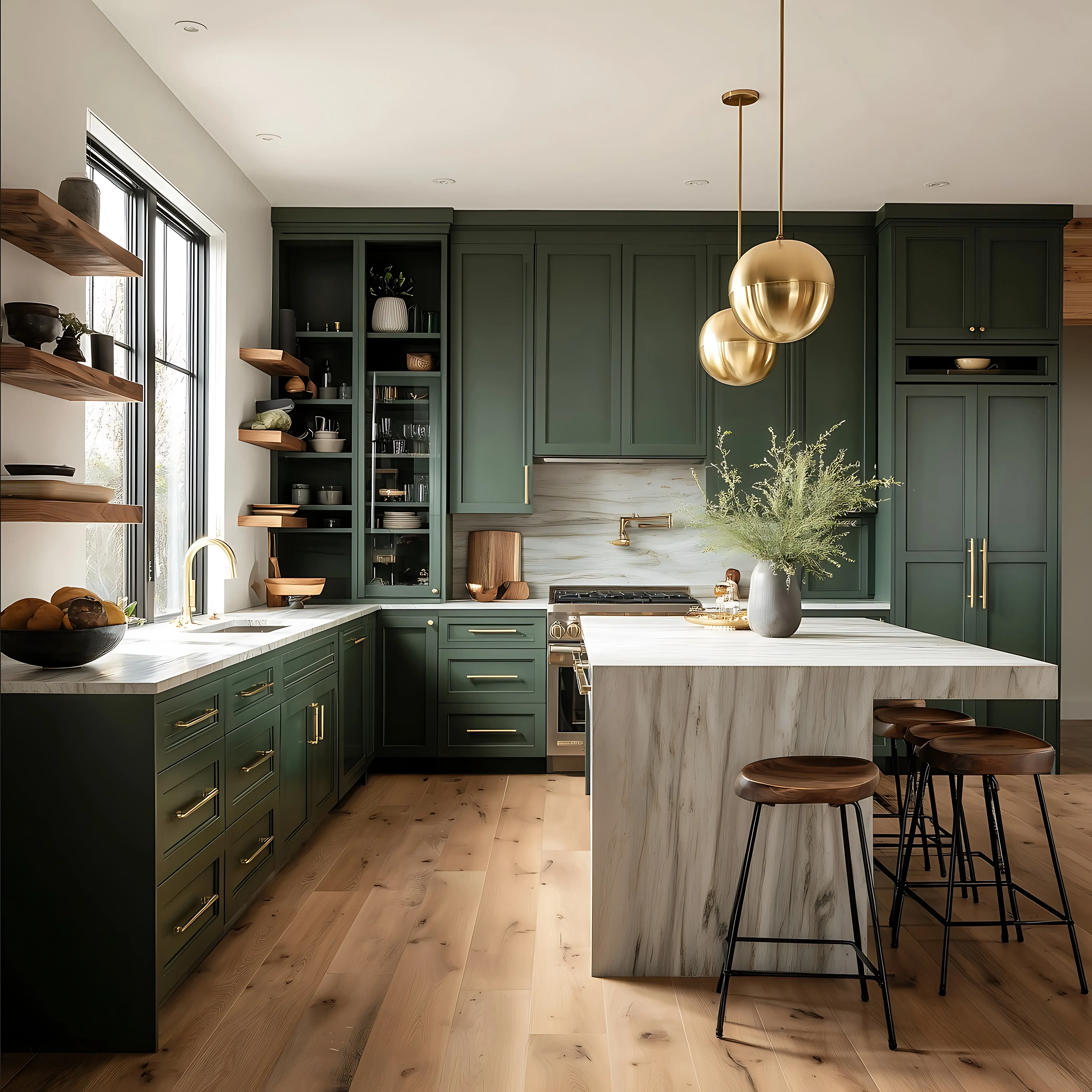 Zielona nowoczesna kuchnia z marmurowymi dekorami i złotymi elementami wykończenia