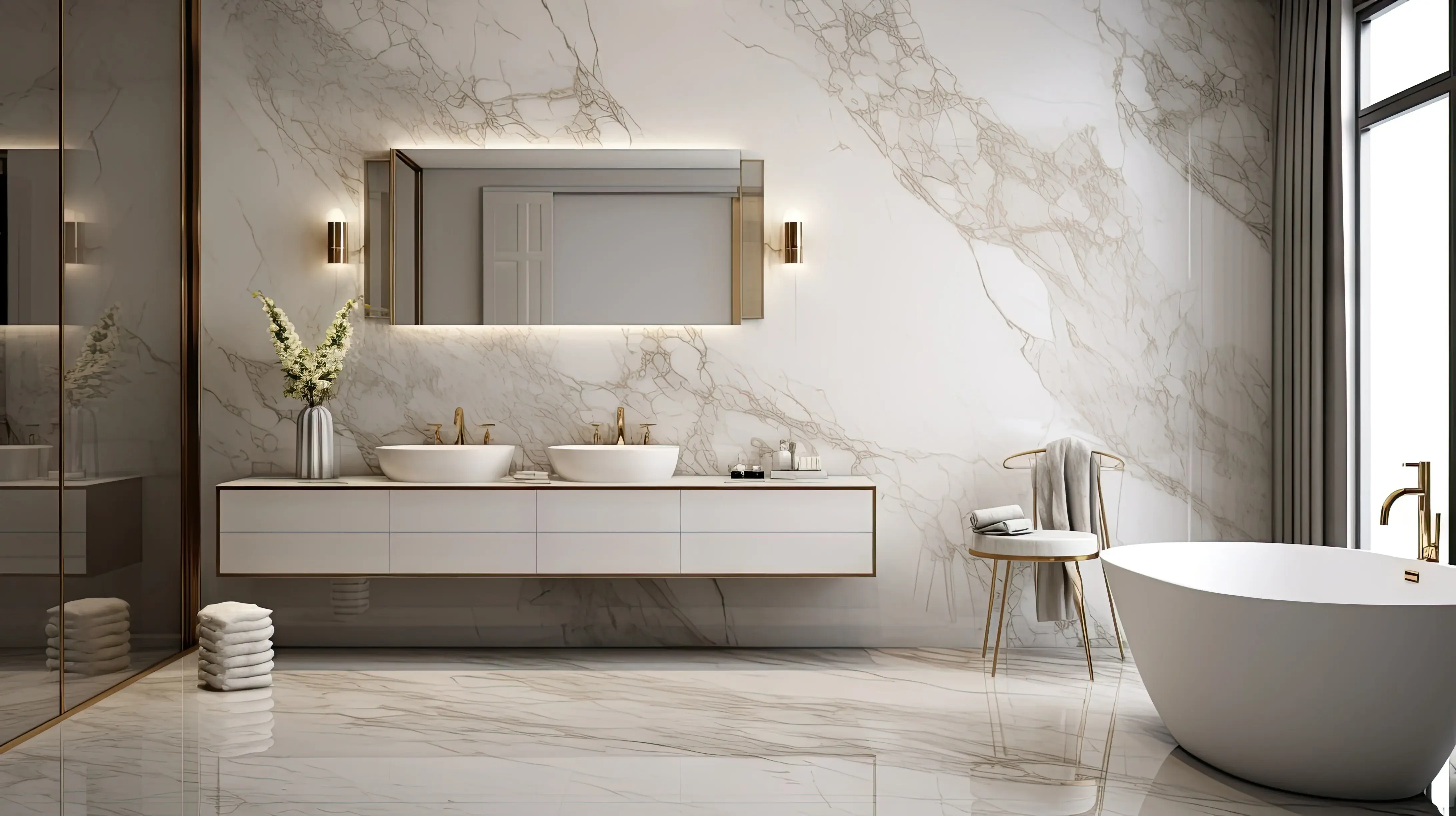 Biała łazienka z marmurowymi ścianami i podłogą oraz złotą armaturą