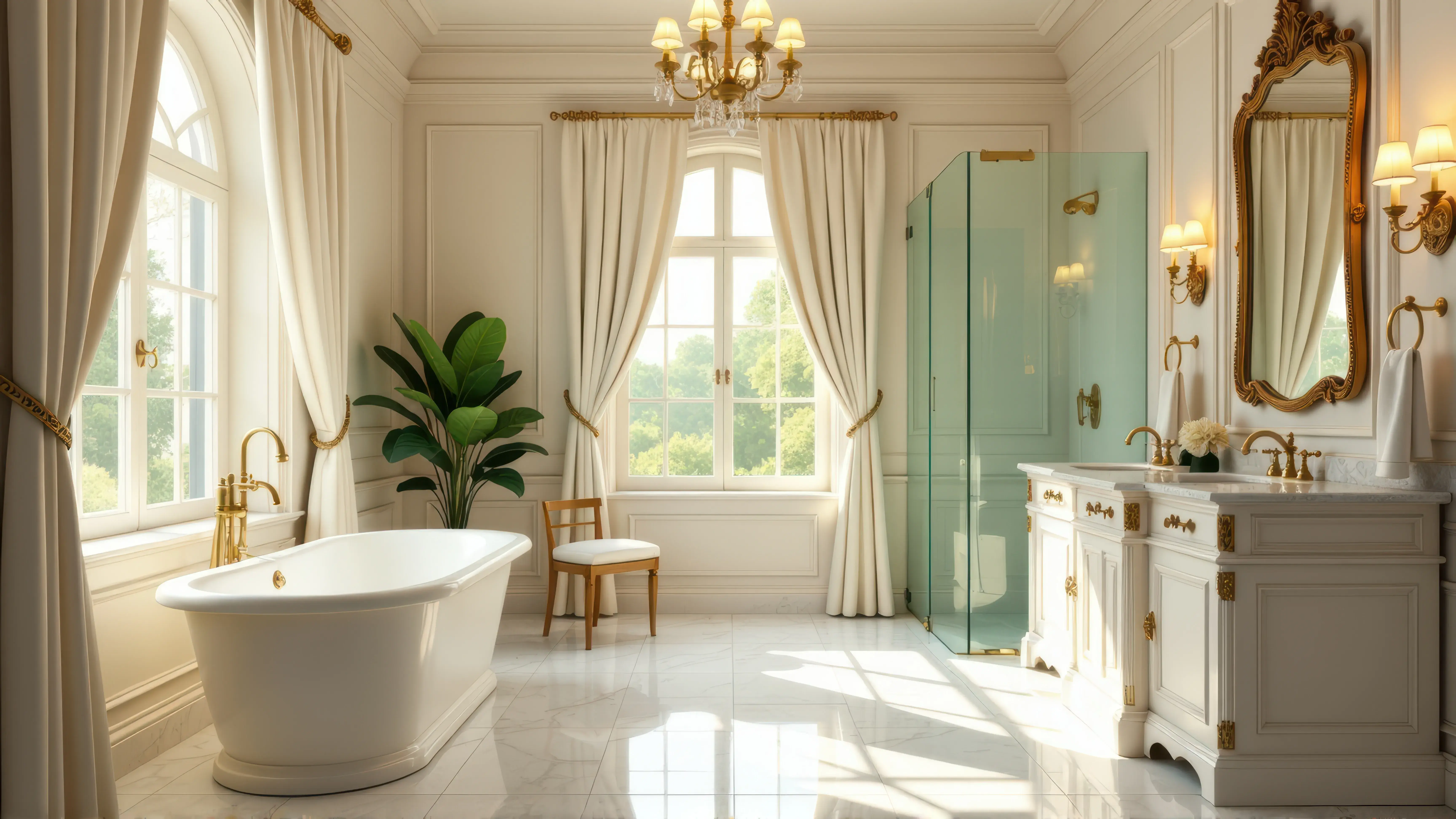 Łazienka w stylu art nouveau w białym kolorze i ze złotymi zdobieniami i armaturą. Po lewej stronie stoi wanna, a po prawej szafka, w której znajduje się umywalka, a nad nią wisi lustro.