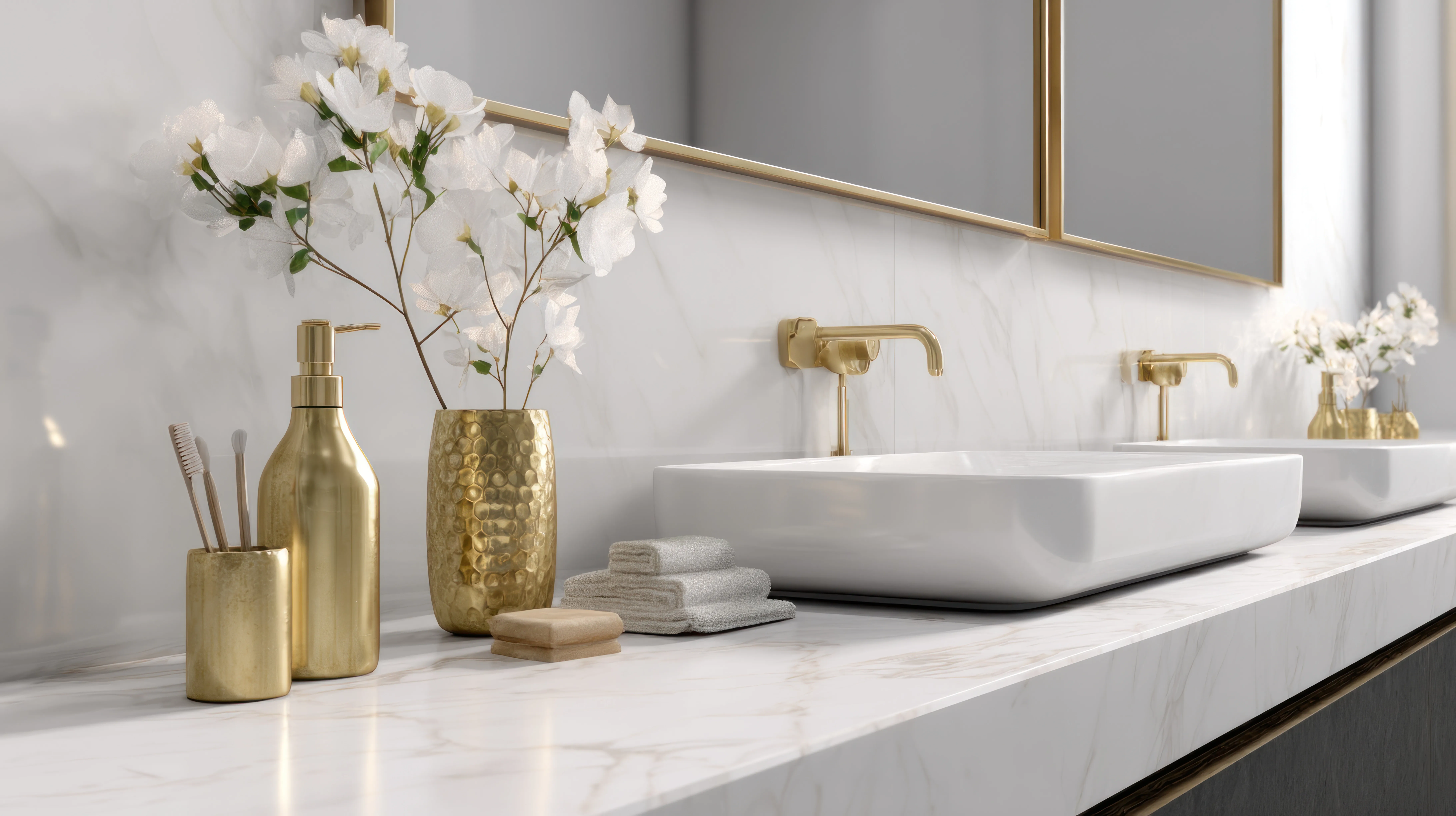 Łazienka w stylu glamour z marmurowym blatem i umywalkami, a także złotymi dodatkami.