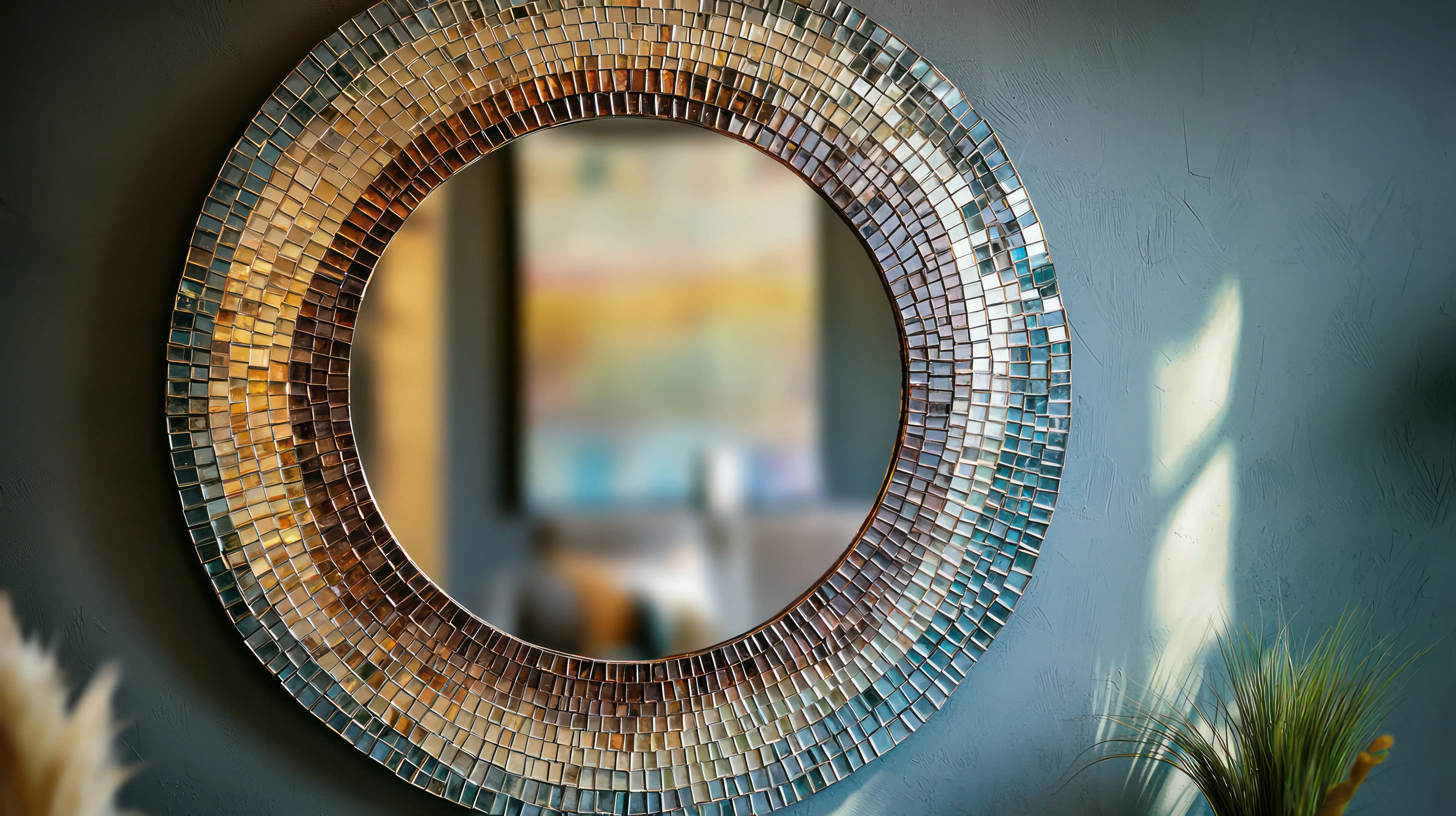 Łazienka w stylu nowoczesnym z niebieskimi ścianami i dużym okrągłym lustrem z mozaiką. 