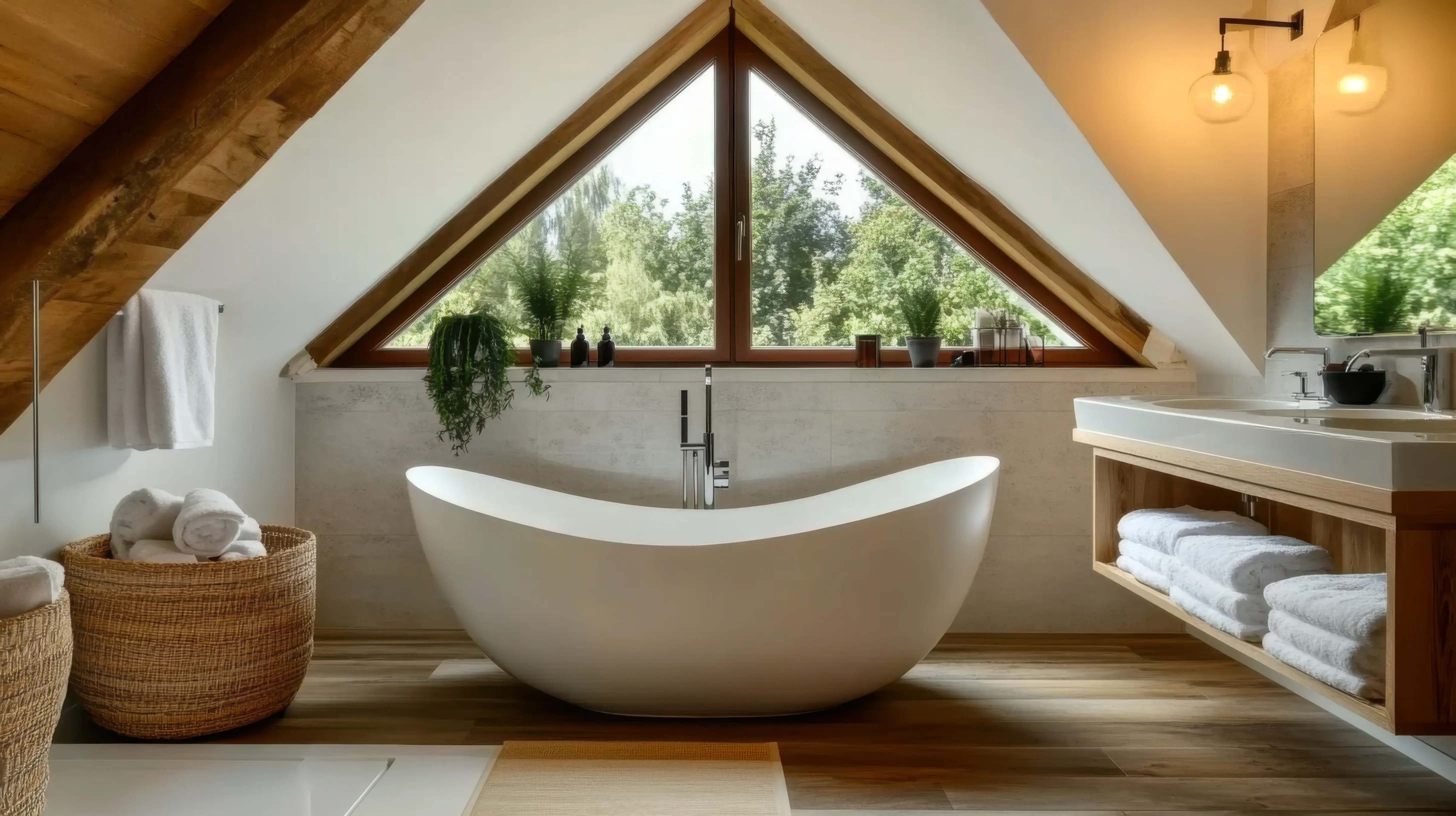 Łazienka w stylu skandynawskim na poddaszu w kolorze białym z oknem na podwórko i wanną w centrum, umywalką i koszami na ubrania w pomieszczeniu. 