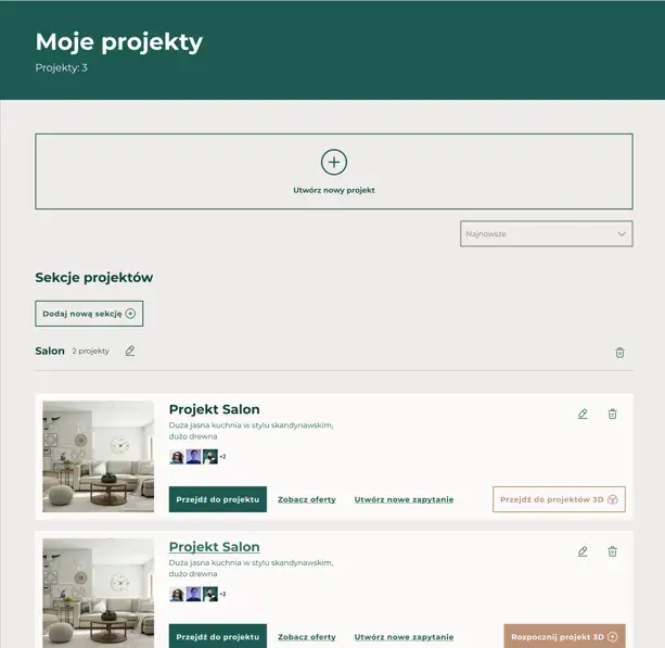 Sekcja Moje Projekty na Platformie, które można edytować w Planerze Woodlove.to.