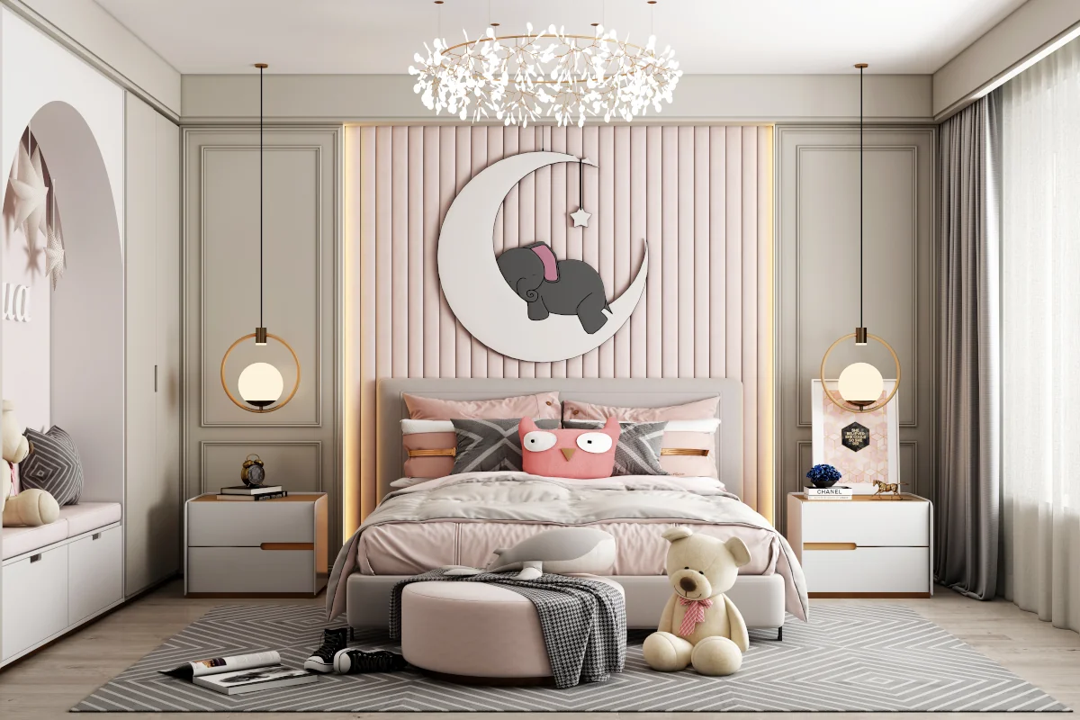 Pokój dla dziecka. Na środku pomieszczenia znajduje się łóżko z narzutą oraz poduszkami. Akcesoria i dodatki w tylu glamour.