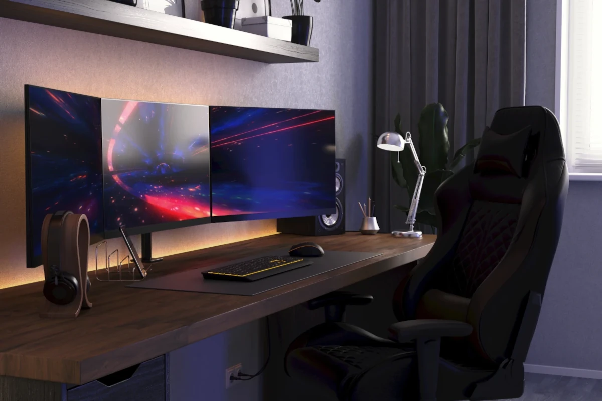 Biurko gamera z monitorem, głośnikami oraz stojakiem na słuchawki