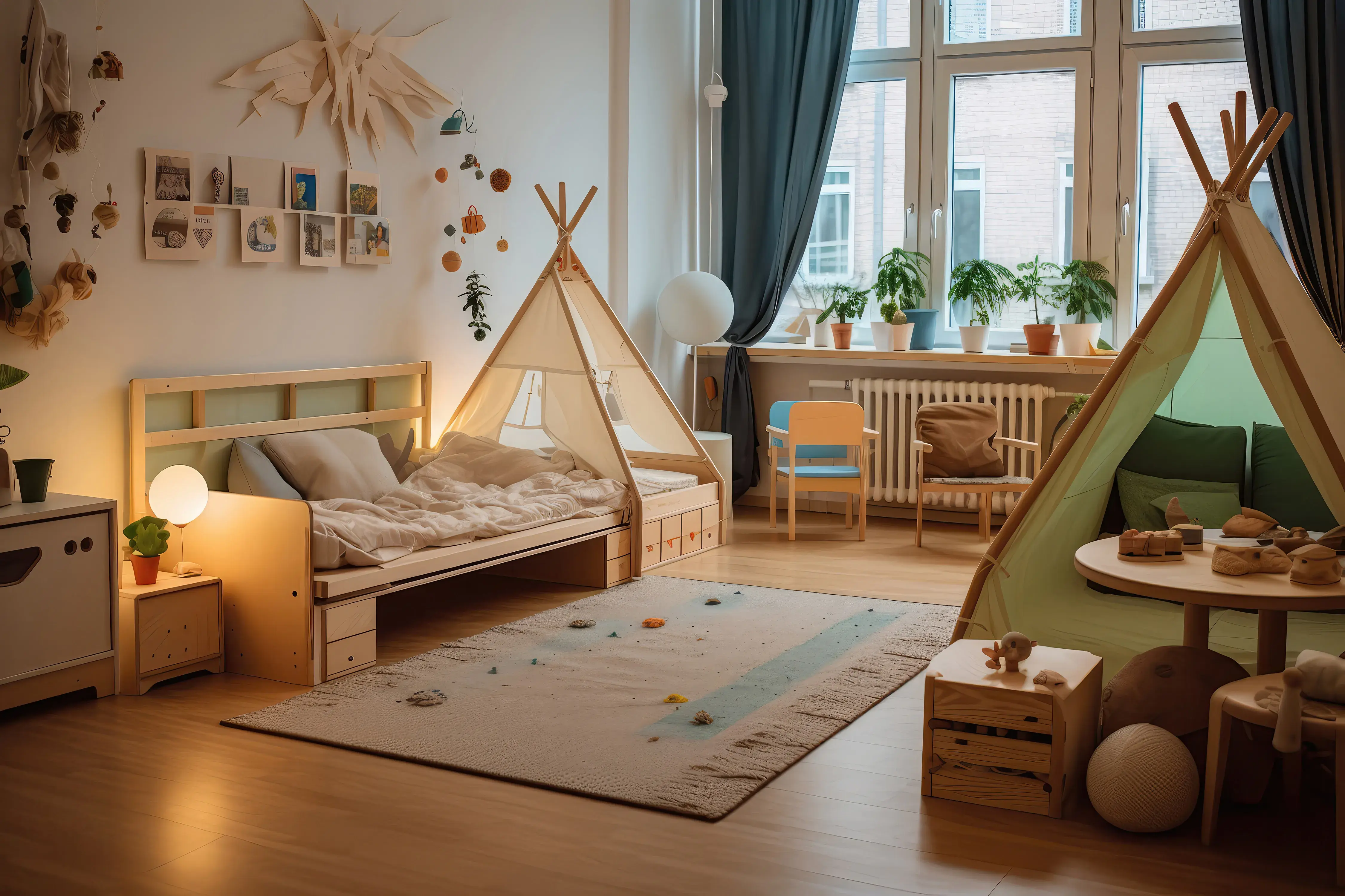 Biały pokój dziecka zaaranżowany w stylu Montessori z łóżeczkiem, krzesełkami, dywanem i namiotem z zabawkami. 