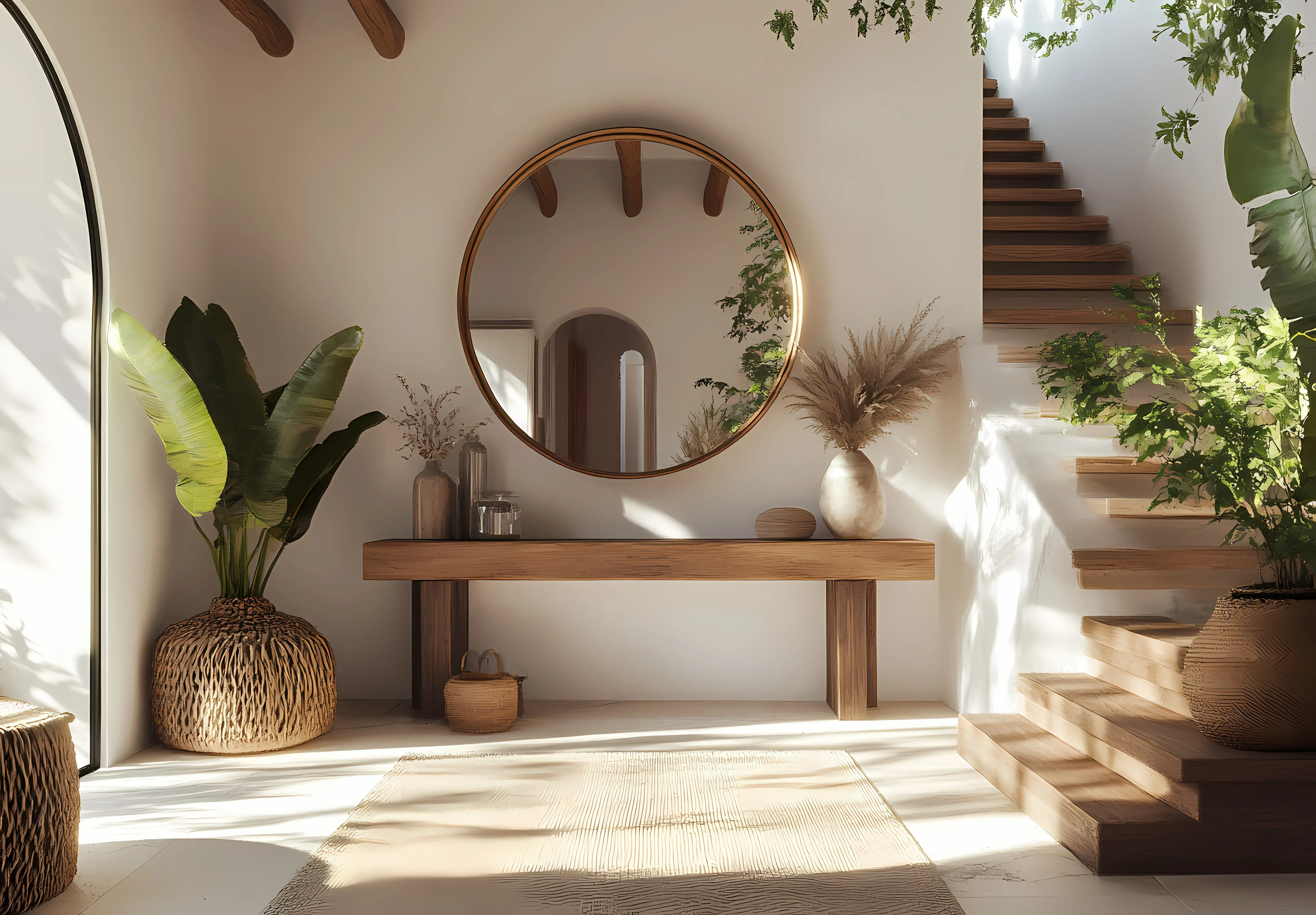 Przedpokój w stylu scandi boho w kolorze białym, pod ścianą stoi drewniany stół z różnymi wazonami, a nad stołem wisi duże okrągłe lustro w złotej ramie.