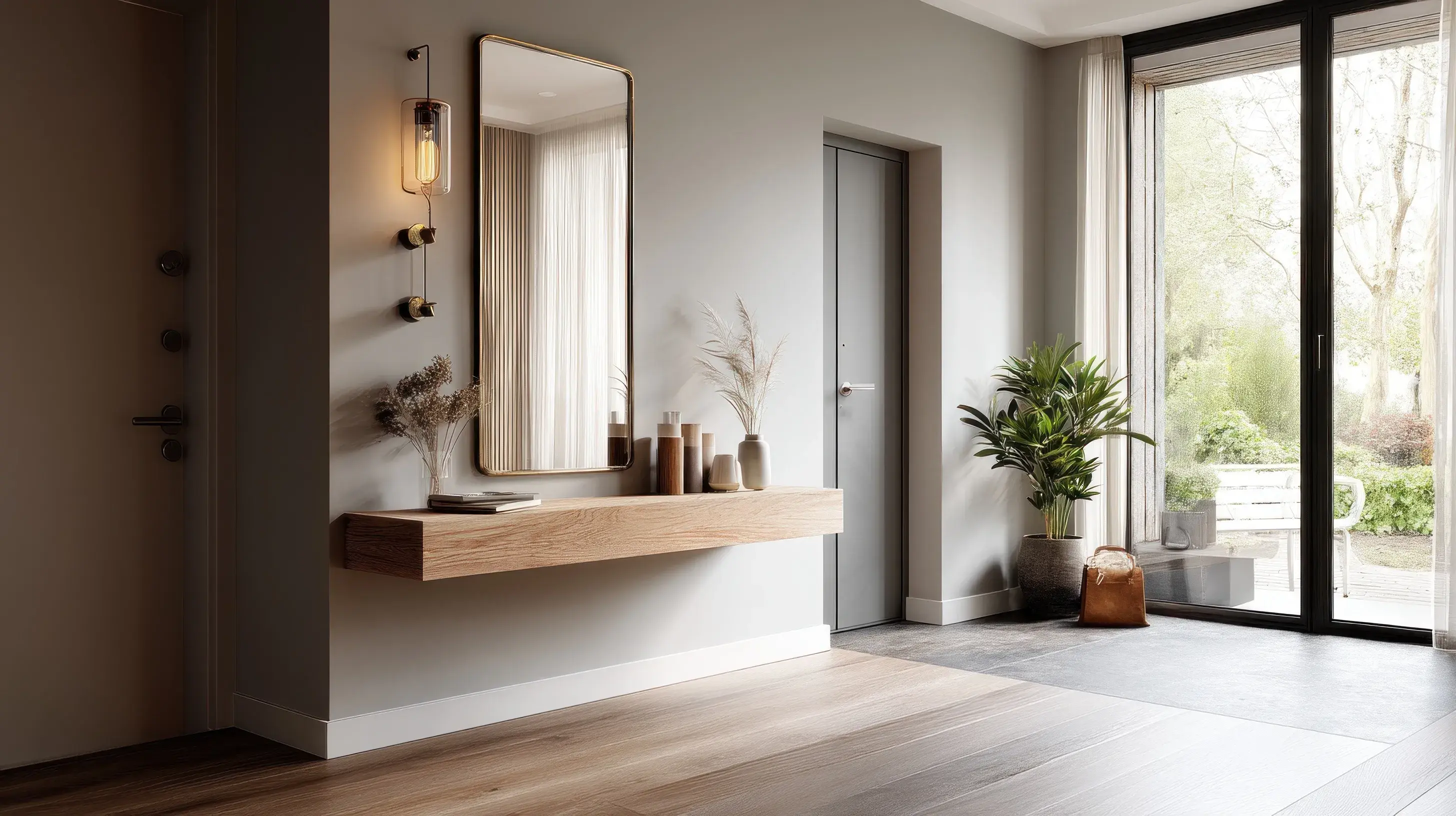 Przedpokój w stylu nowoczesnym z szarymi ścianami, drzwiami balkonowymi, drewnianą półką na jednej ze ścian i lustrem na nią.