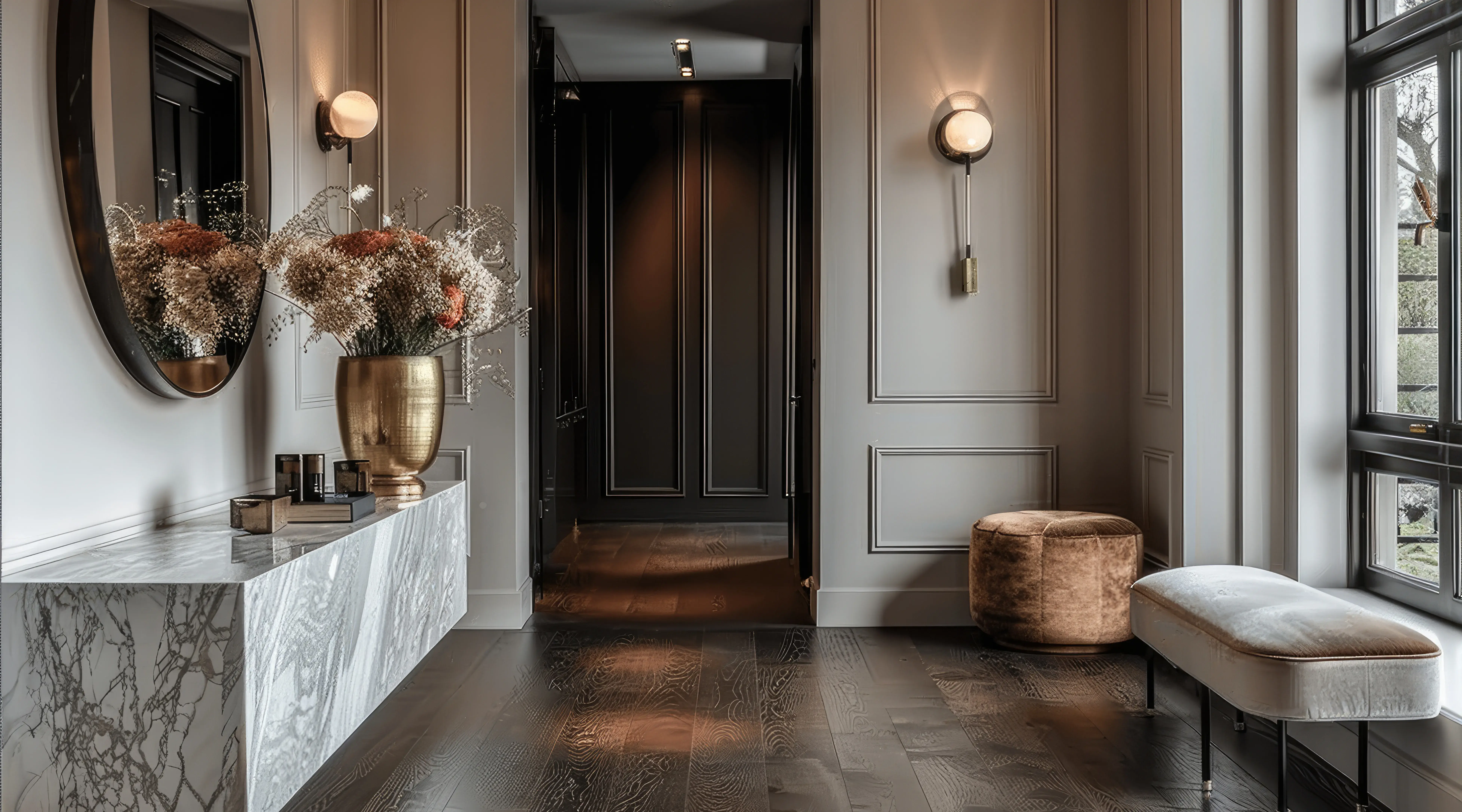 Przedpokój w stylu nowoczesnym z szarymi ścianami, marmurową półką na lewej ścianie i lustrem nad nią.