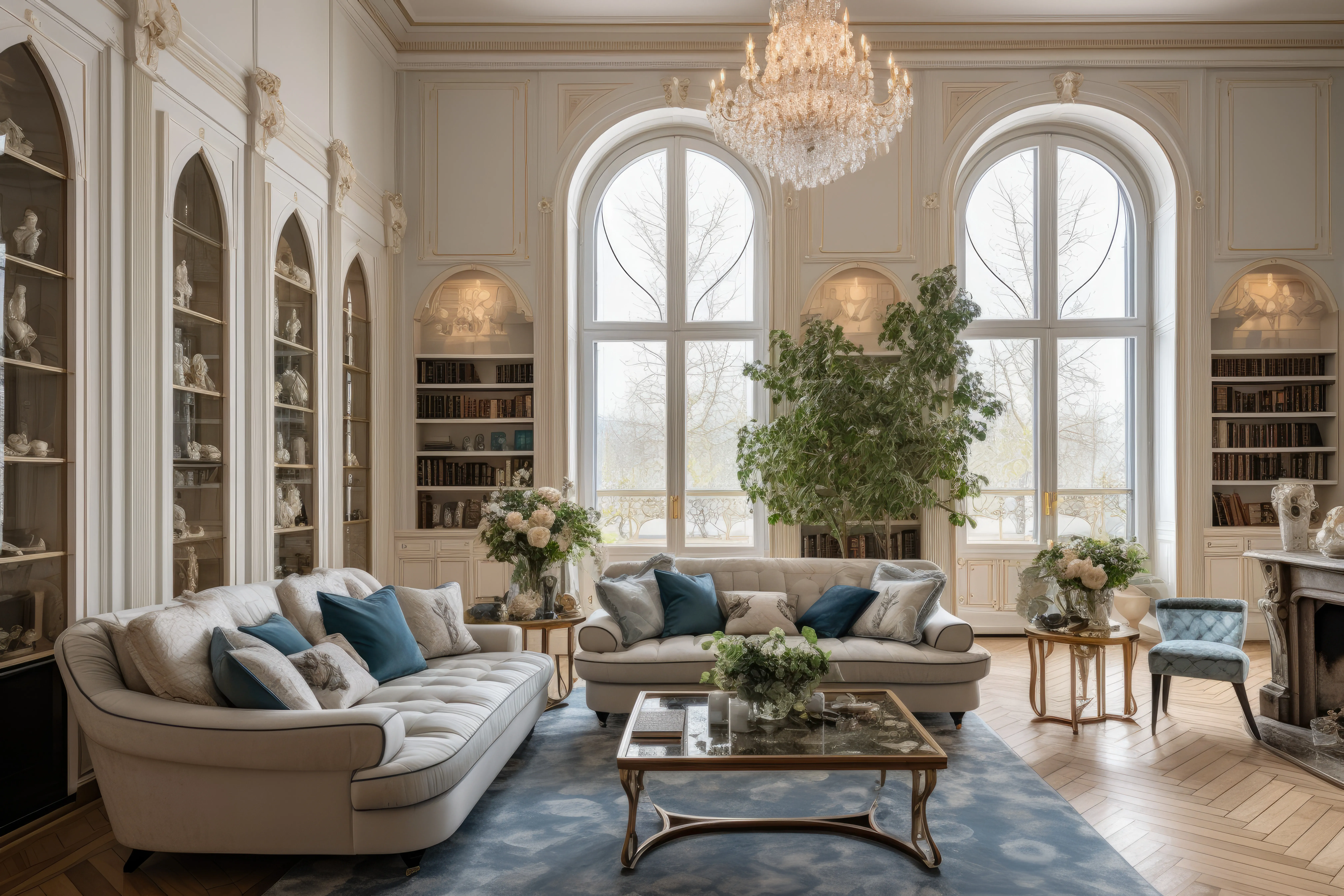 Salon w stylu art nouveau w białym kolorze i złotymi zdobieniami. W pomieszczeniu jest duża biblioteka, wielkie okna, regały, a w centrum stoją fotel, stolik oraz duża kanapa.