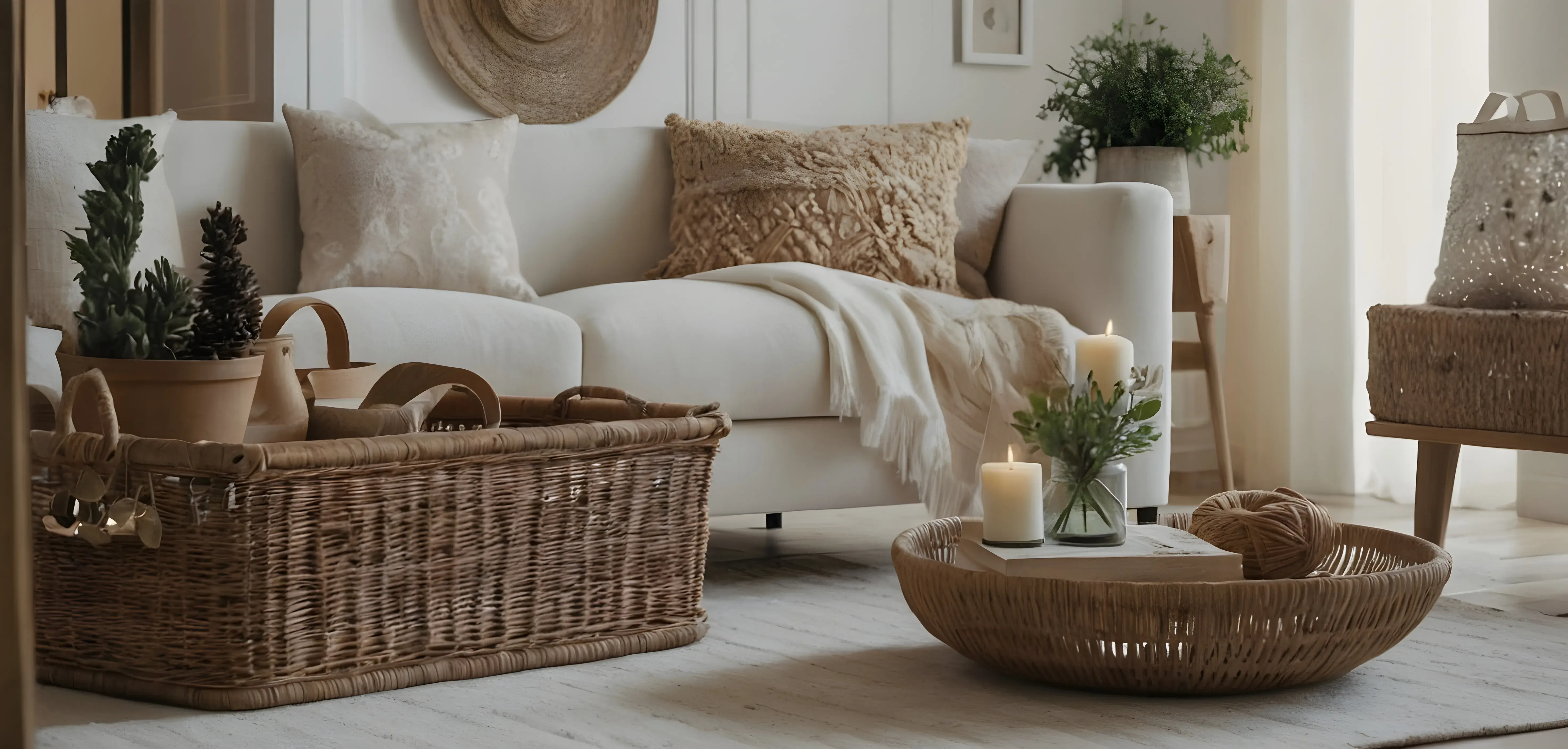 Salon w stylu scandi boho w kolorze białym, w centrum stoi biała kanapa, a obok niej duży wiklinowy koszyk z kwiatami.