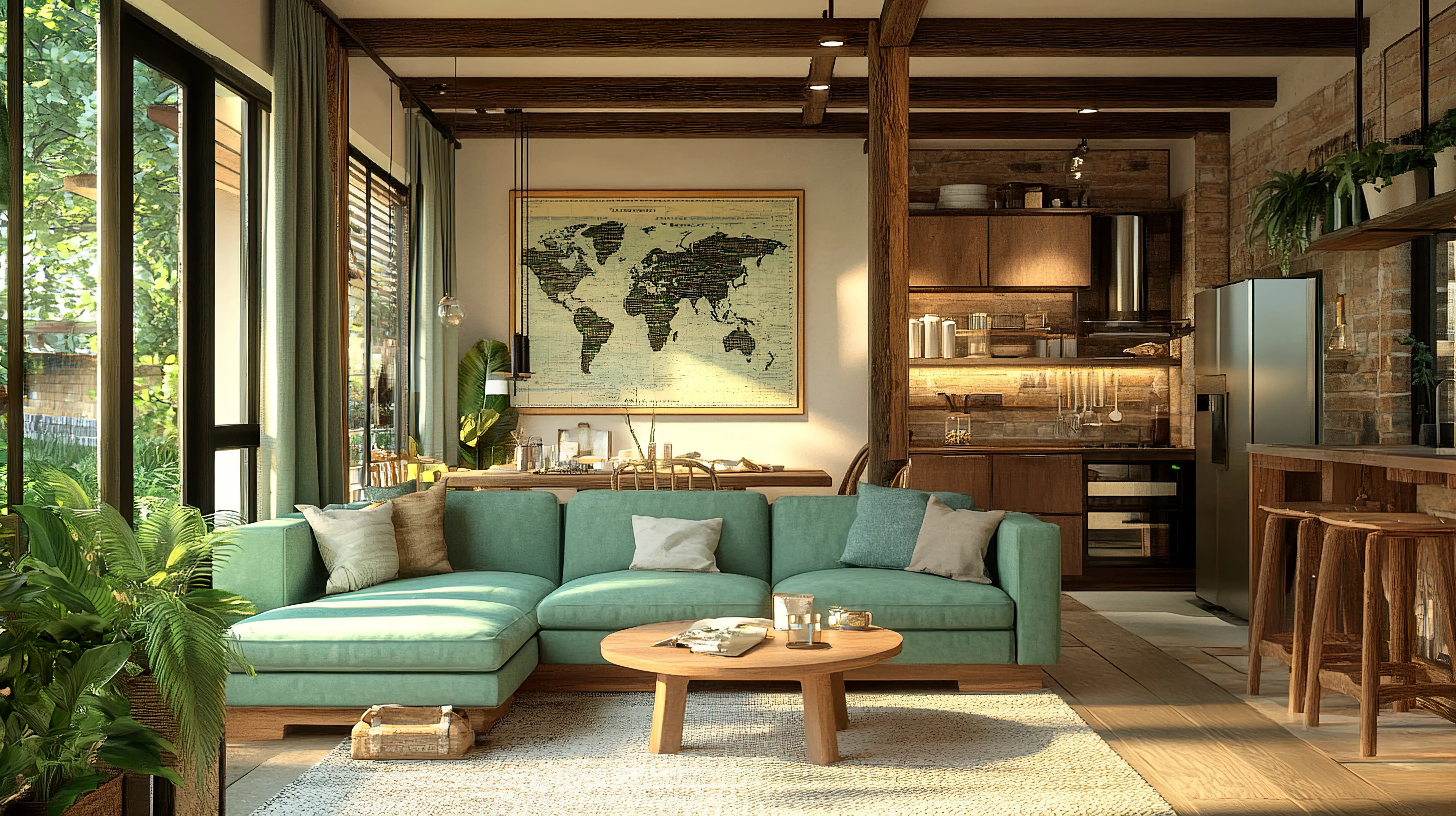 Salon w stylu eklektycznym z połączoną kuchnią, miętową kanapą w centrum pomieszczenia, stołem pod ścianą i dużą mapą nad nim i małym wydzielonym kątem na kuchnię.