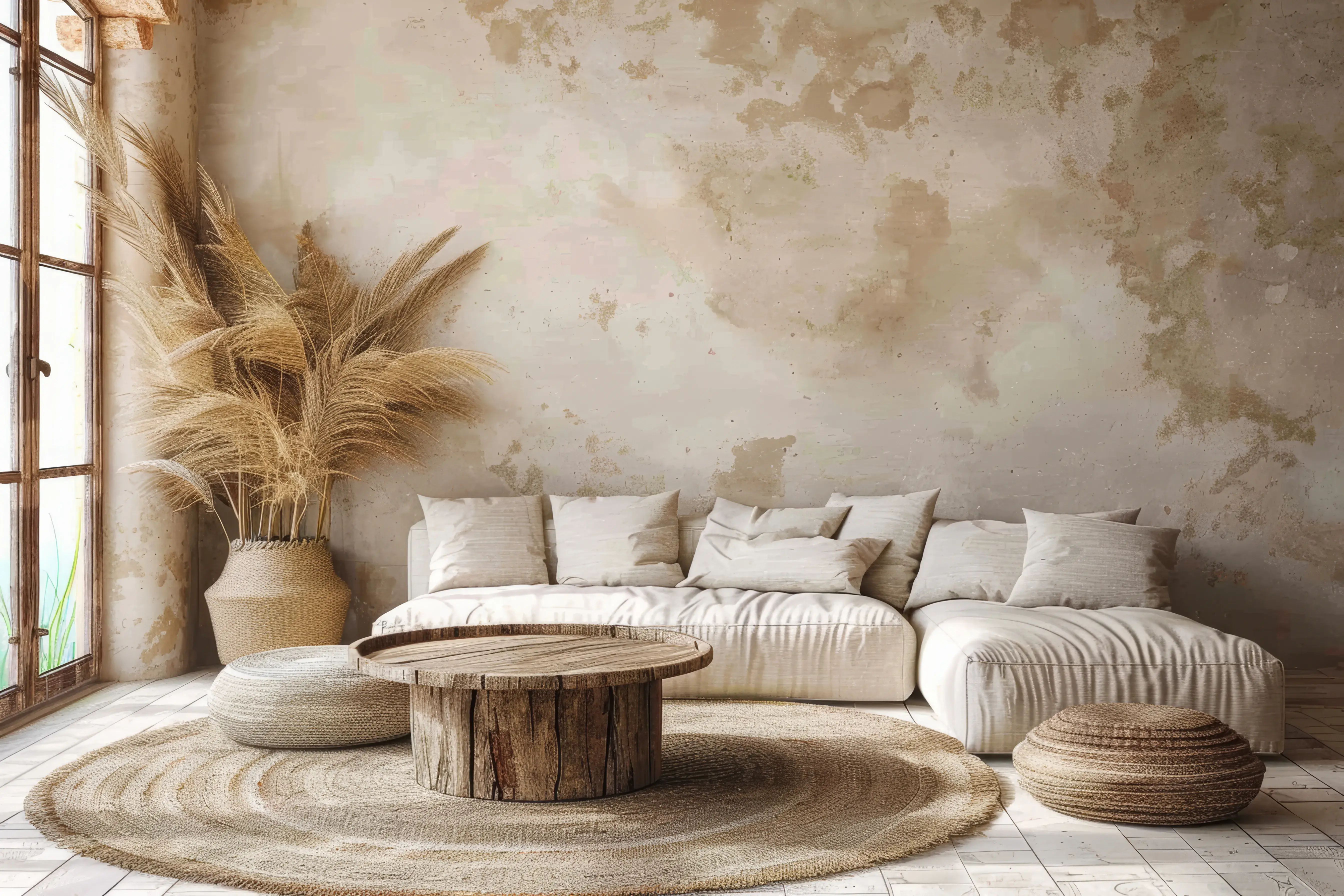 Salon w stylu japandi w kolorze beżowym, ze stiukiem weneckim na ścianie oraz białą kanapą.