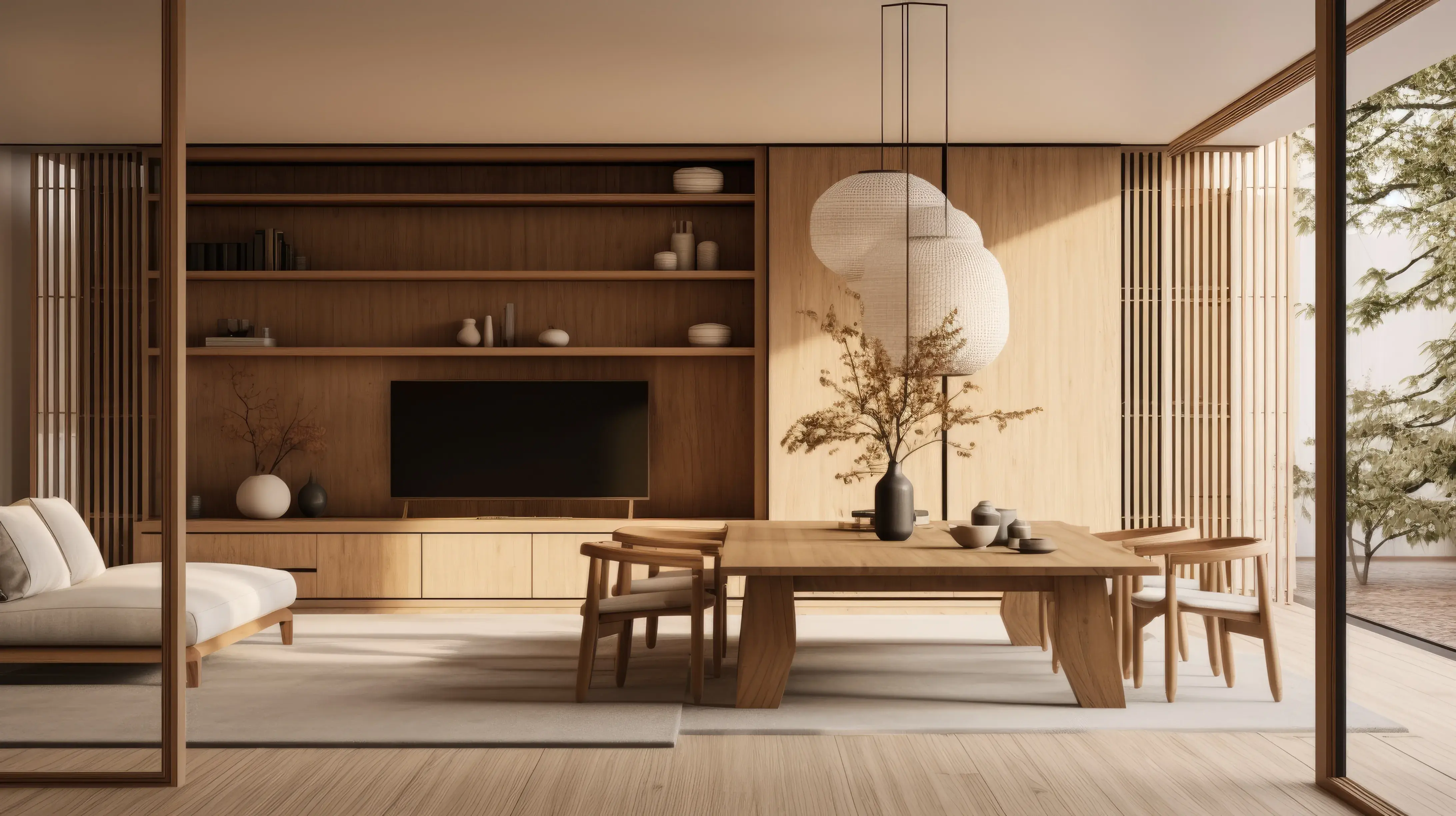 Salon w stylu japandi w kolorze beżowym z drewnianymi szafkami i stołem z krzesłami.