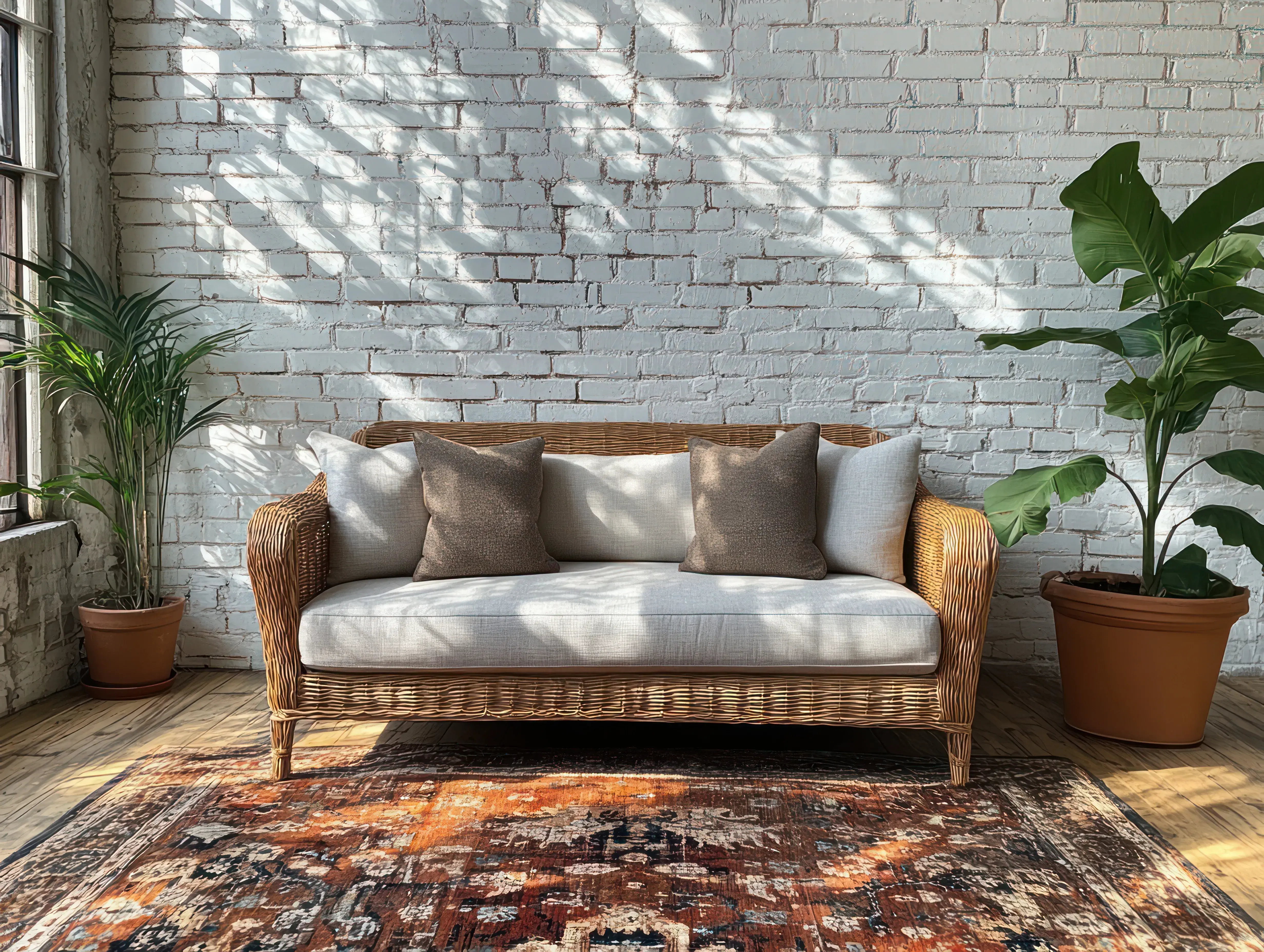 Salon w stylu loftowym z białą cegłą na ścianach i wiklinową sofą z poduszkami.
