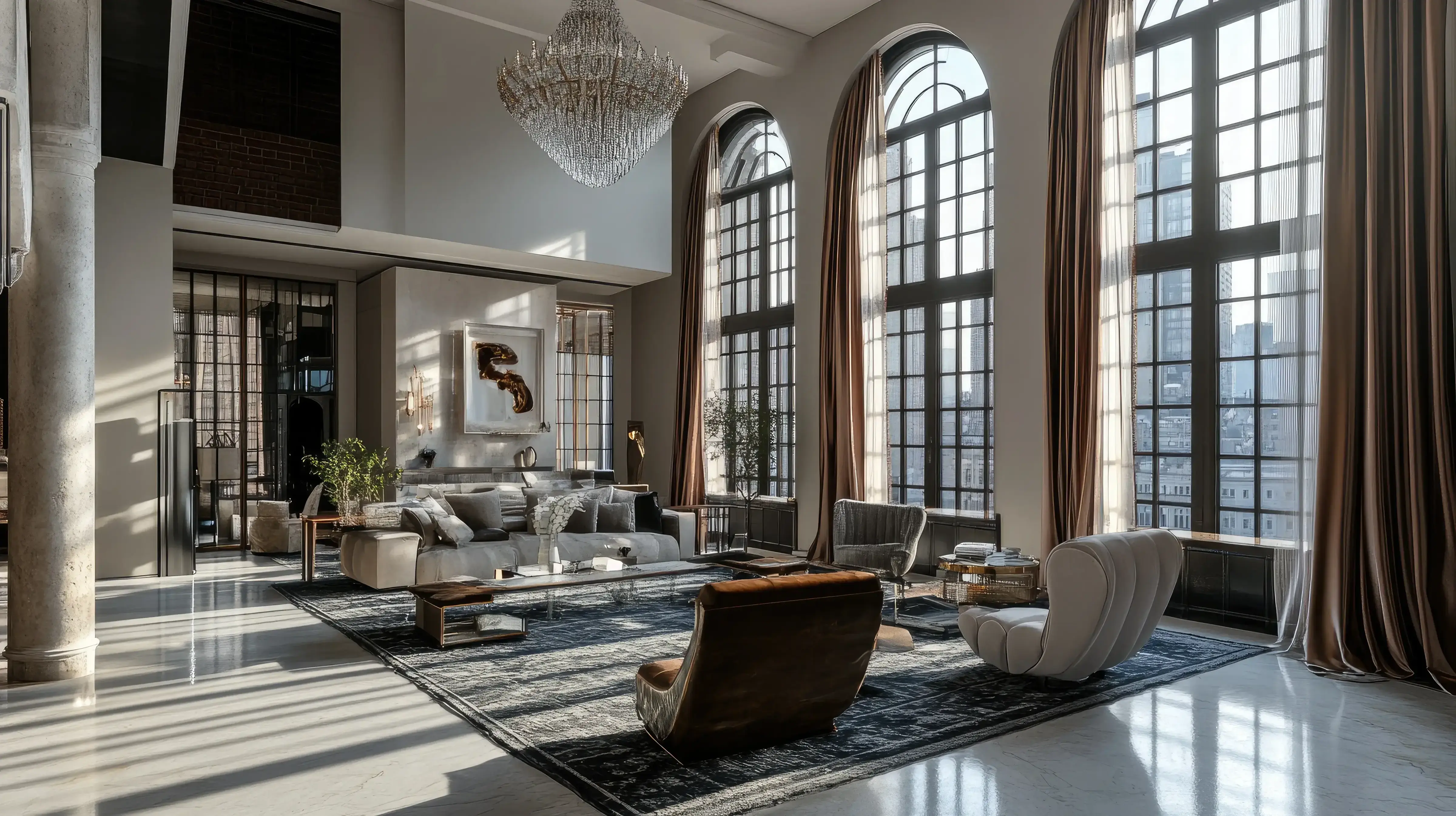 Duży salon w stylu glam loft z dużymi oknami, luksusowymi zdobieniami w złotych kolorach, szklanym stolikiem, trzema fotelami i dużą kanapą.