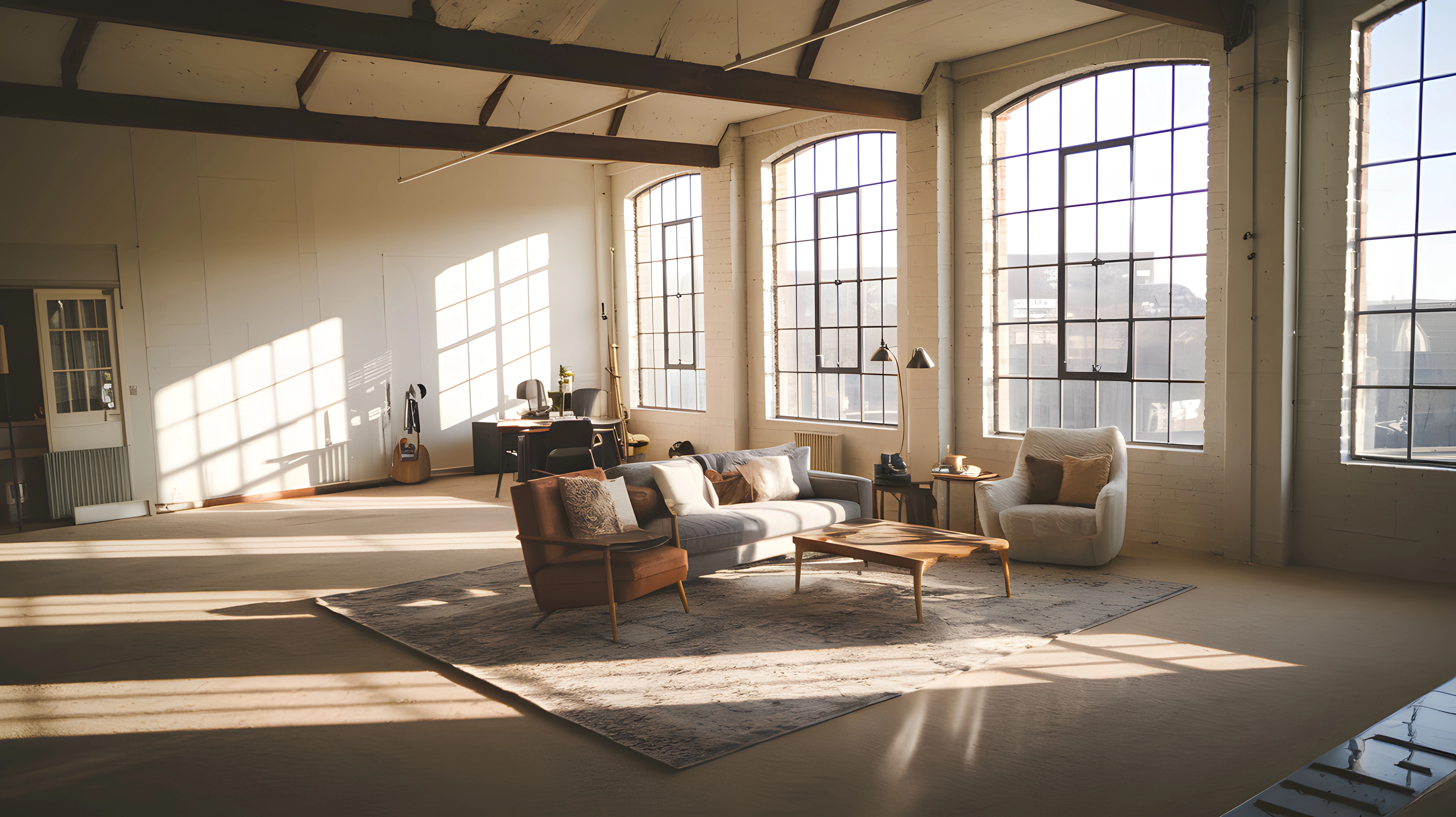 Duży pokój w stylu soft loft z białymi ścianami, pofabrycznymi oknami, małym drewnianym stołem i dwoma fotelami oraz kanapą dookoła niego.