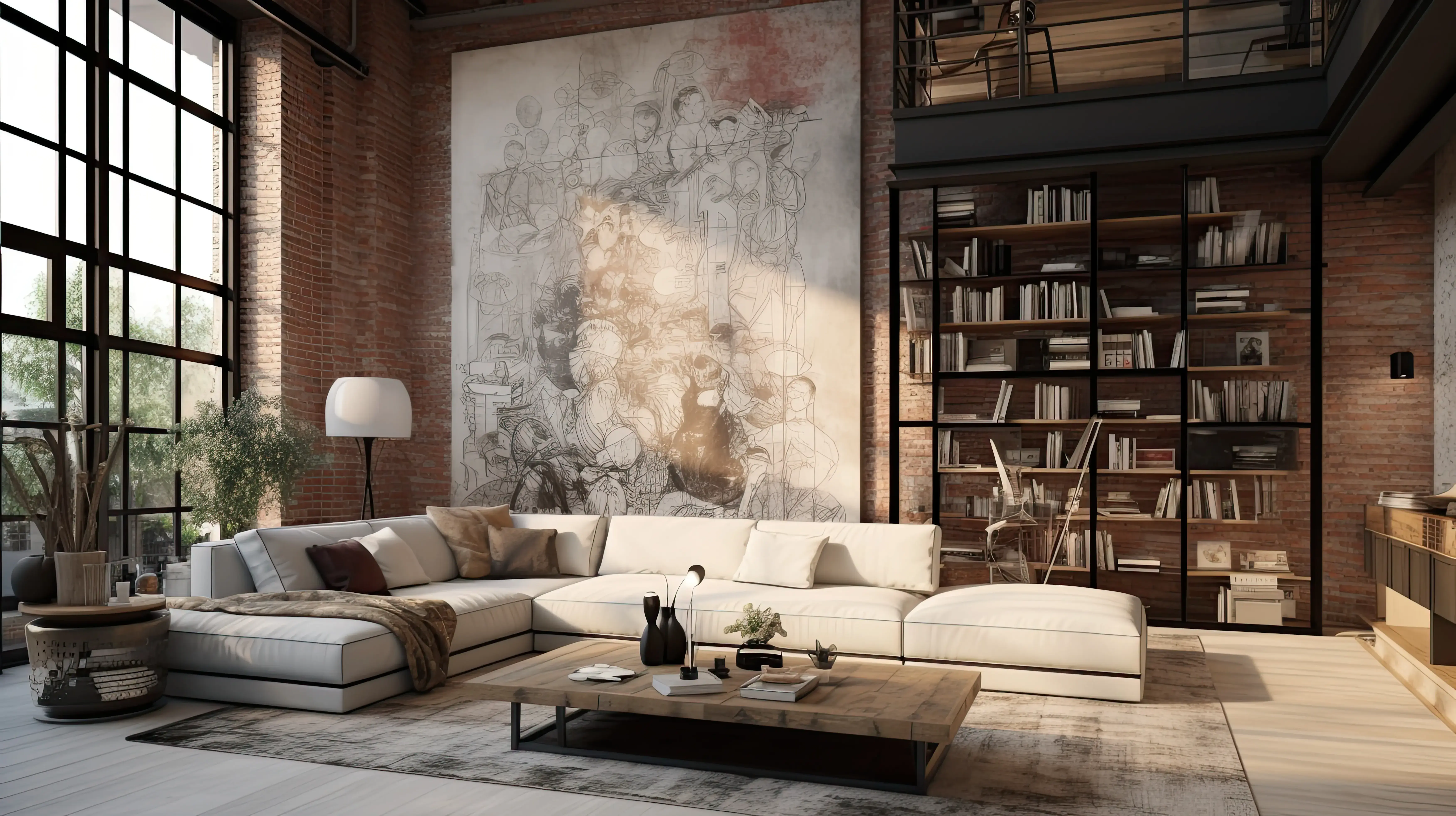 Salon w stylu glam loft z ceglanymi ścianami, dużym obrazem na jednej z nich, regałem na książki obok, w centrum drewniany stolik i dużą biała kanapa w kolorze L, obok okno na ścianie. 