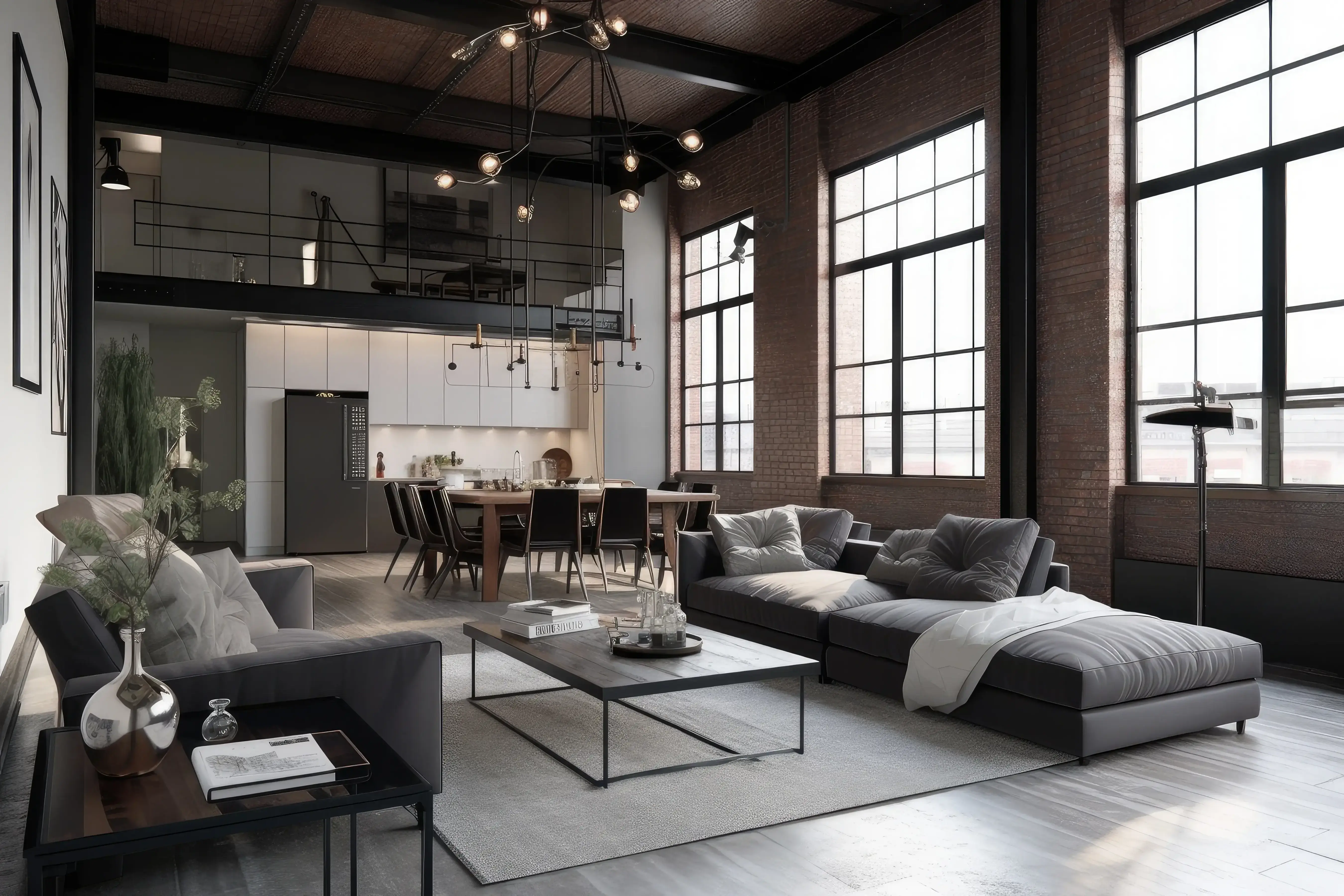 Salon w stylu loftowym z ceglanymi ścianami, antresolą, czarnym stolikiem stojącym na środku i dwiema czarnymi sofami z jego dwóch stron, za jedną z nich dwa duże okna. 