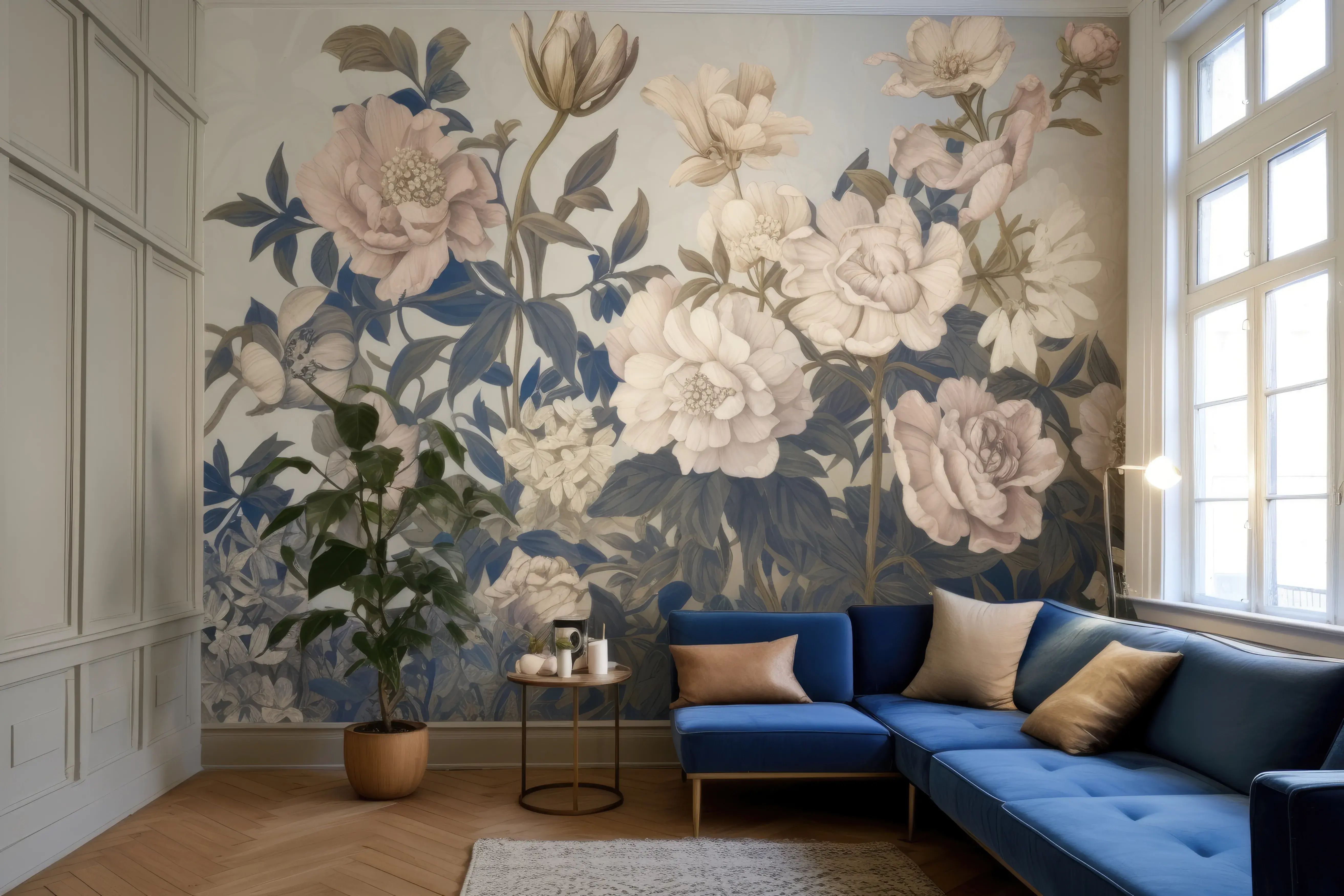 Salon w stylu nowoczesnym z niebieską kanapą w kształcie litery L, szafą po lewej stronie pomieszczenia i dużą tapetą na środkowej ścianie z niebiesko-białymi kwiatami.