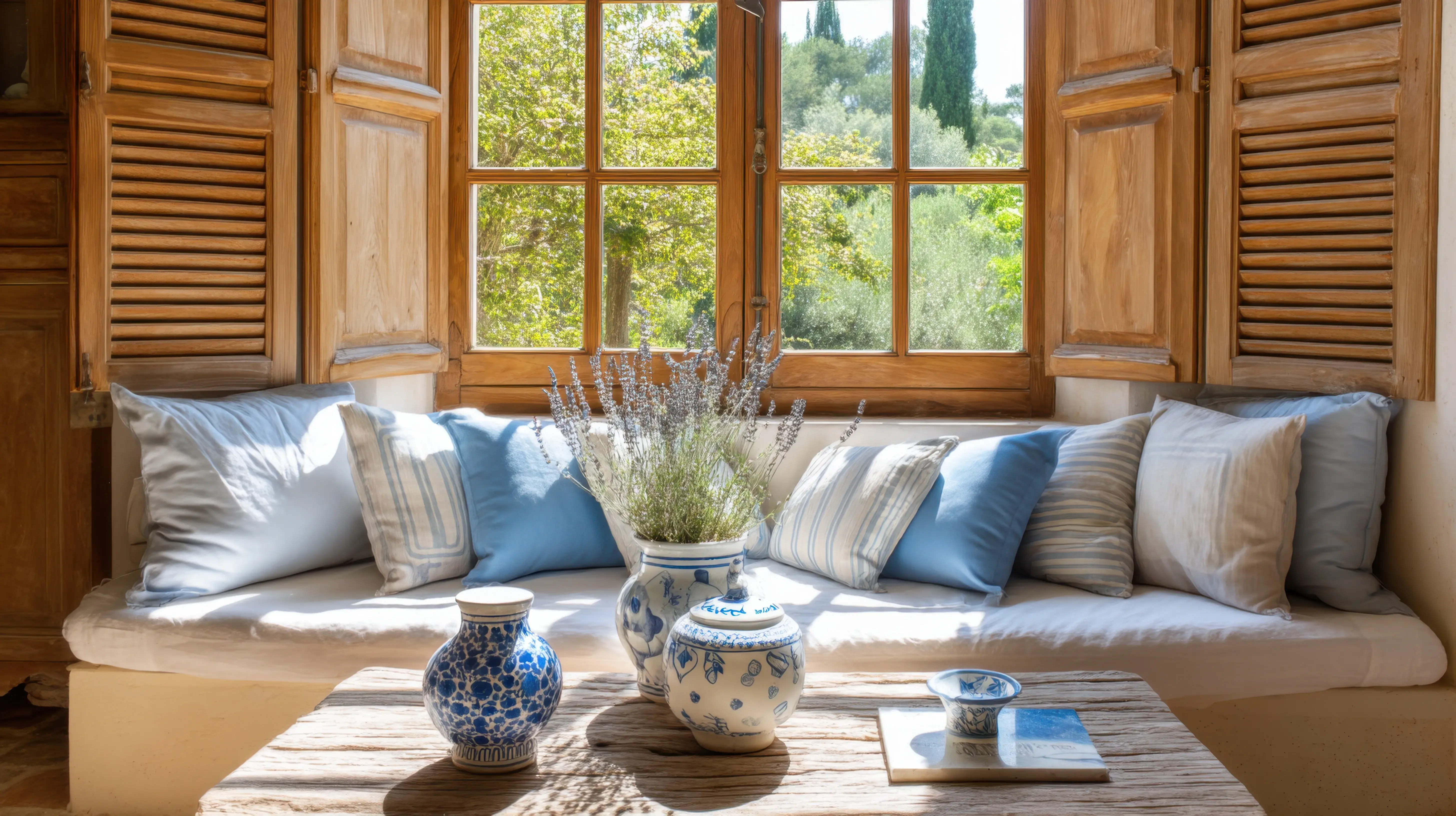 Salon w stylu rustykalnym z drewnianymi brązowymi okiennicami, białym siedziskiem z białą podłużną poduszką na spodzie i dekoracyjnymi poduszkami oraz drewnianym stołem naprzeciwko.