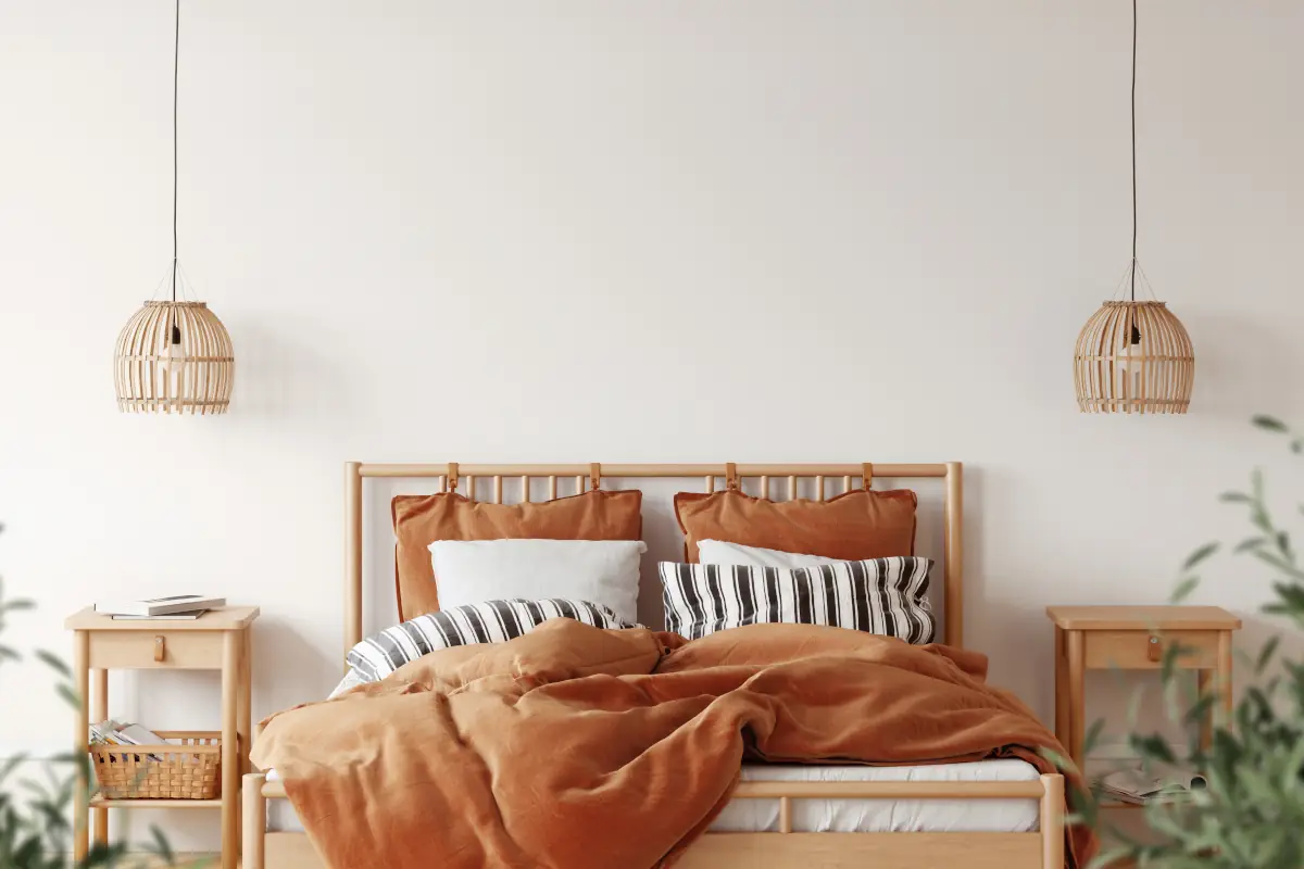 Łóżko drewniane z materacem oraz poduszkami i narzutami w kolorze ceglanym. Obok stoją stoliki nocne.