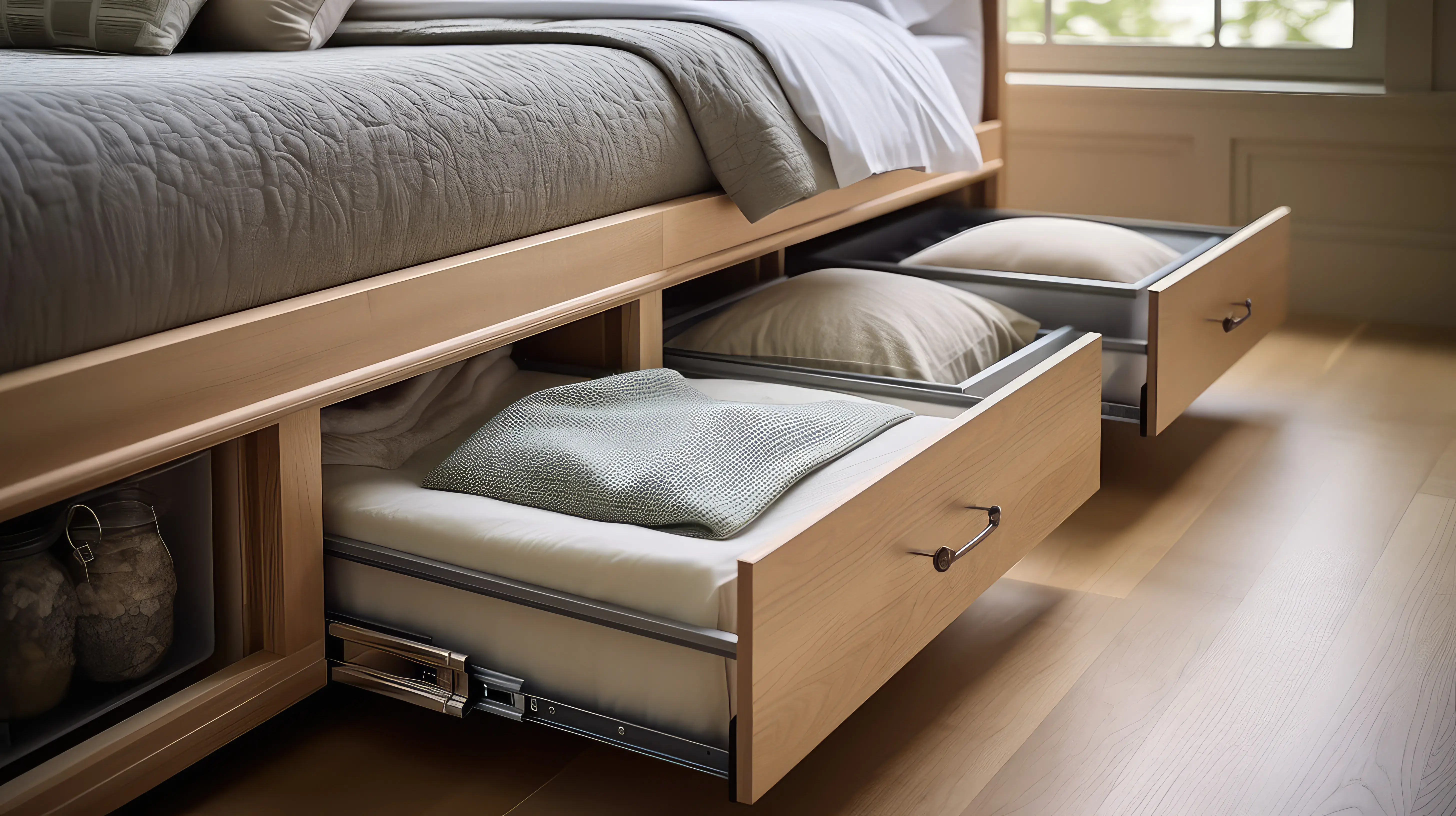 Łózko modułowe, z którego wysuwają się dwie szuflady na rzeczy.