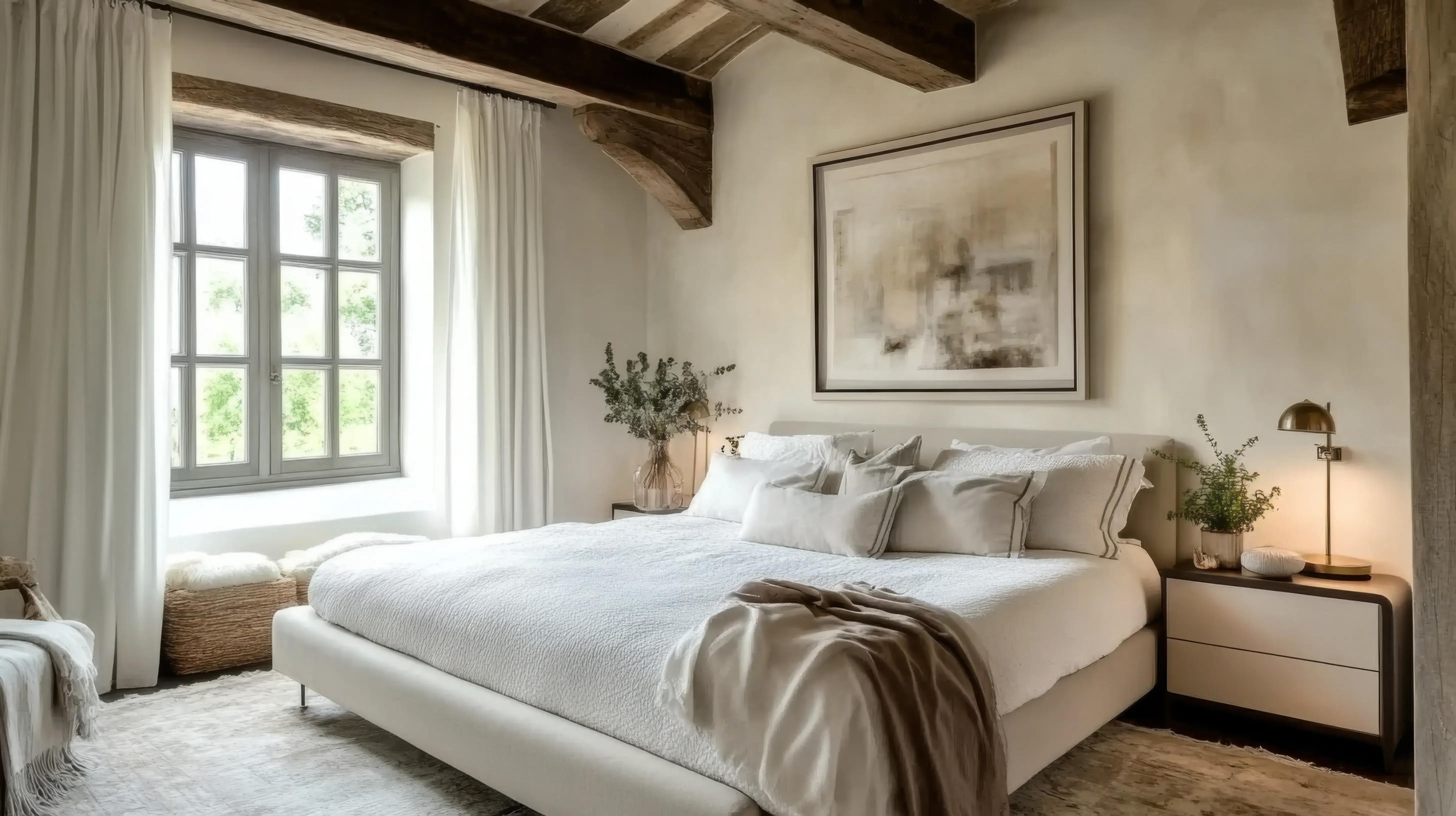 Sypialnia w stylu skandynawskim z dużym łóżkiem, szarymi ścianami i obrazem nad łóżkiem.