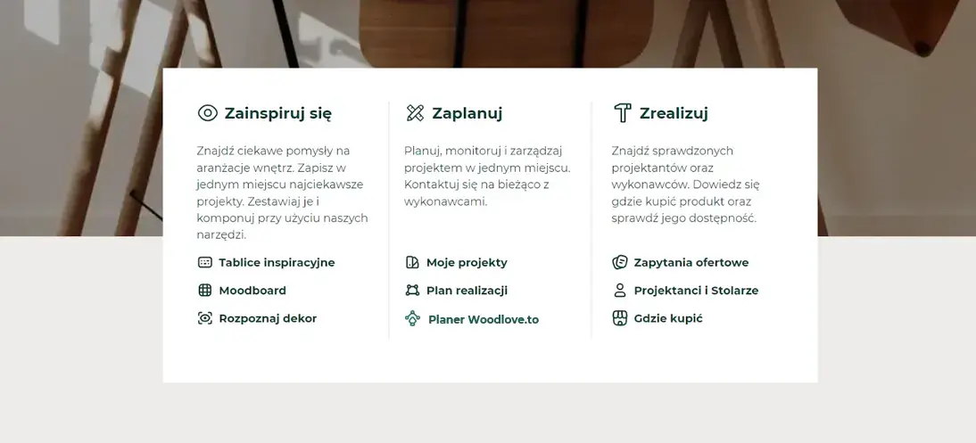 Platforma Woodlove.to, w sekcji zaplanuj znajduje się przycisk Planer Woodlove.to.